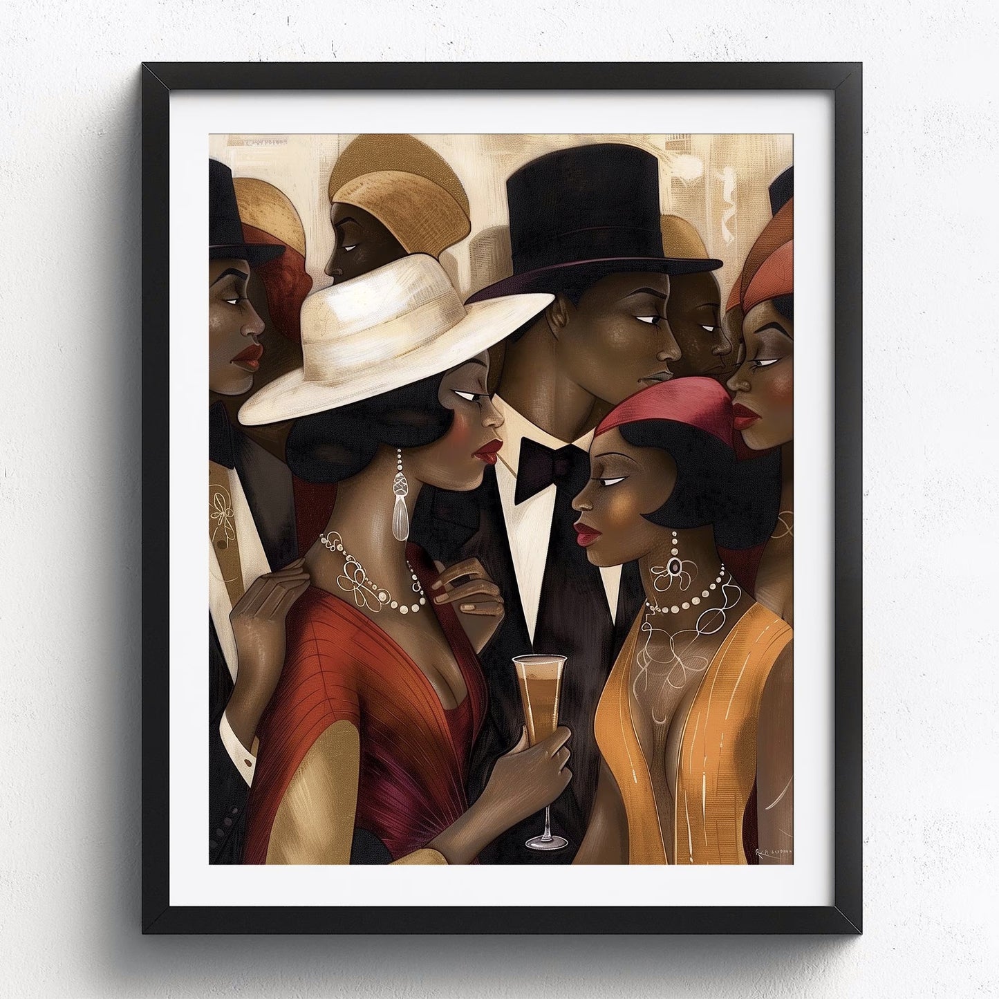 Art print titled "Spill the Tea" from the Ladies and Gents of Harlem Collection, featuring fashionable Black couples engaged in lively conversation. Designed in a Bauhaus-inspired abstract style, the piece celebrates African American culture, style, and social life in Harlem.