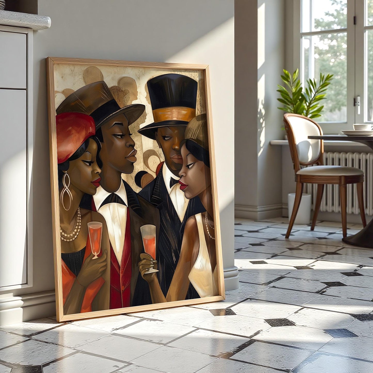 Art print titled "I Really Want You" from the Ladies and Gents of Harlem Collection, featuring stylish Black couples in a moment of longing and emotional tension. Set in Harlem’s golden era, the artwork invites open interpretation with its expressive poses and vintage-inspired aesthetic.