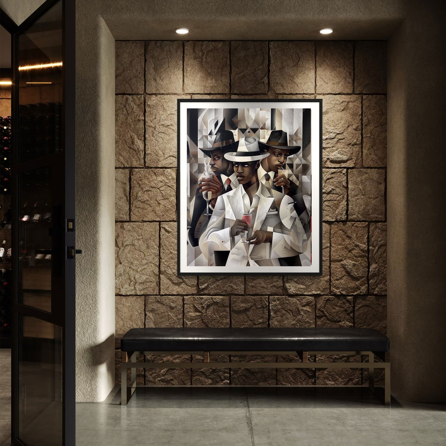 Dapper Black Men Art Print featuring handsome Black men drinking champagne, inspired by the Harlem retro 50s era. A sophisticated Bauhaus-style design from the Ladies and Gents Collection, celebrating Black culture and elegance.