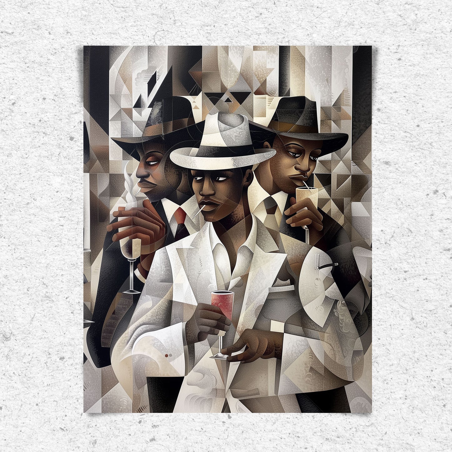 Dapper Black Men Art Print featuring handsome Black men drinking champagne, inspired by the Harlem retro 50s era. A sophisticated Bauhaus-style design from the Ladies and Gents Collection, celebrating Black culture and elegance.