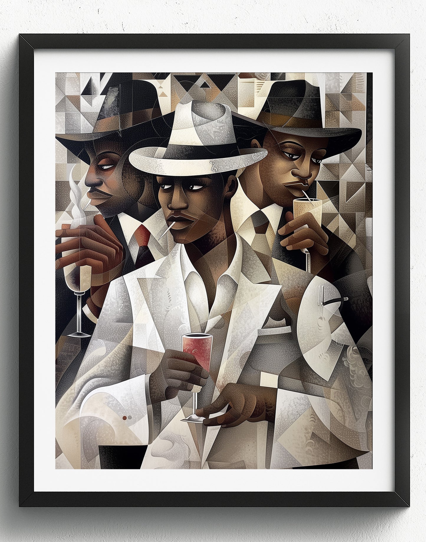 Dapper Black Men Art Print featuring handsome Black men drinking champagne, inspired by the Harlem retro 50s era. A sophisticated Bauhaus-style design from the Ladies and Gents Collection, celebrating Black culture and elegance.
