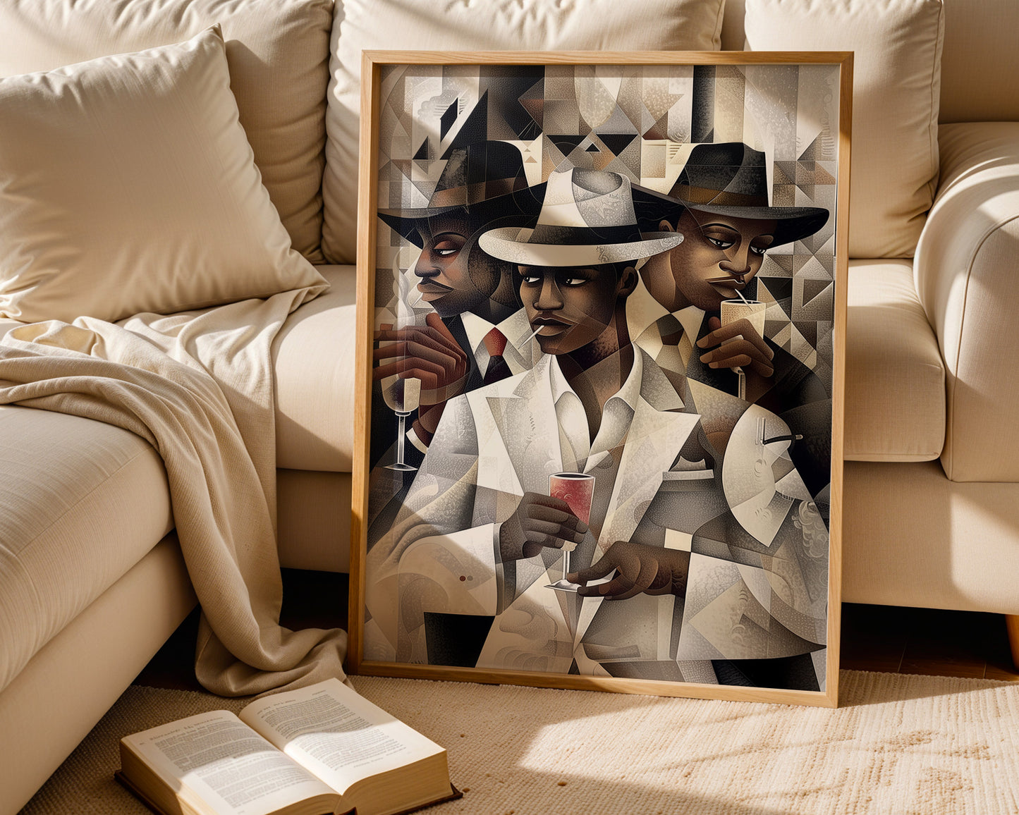 Dapper Black Men Art Print featuring handsome Black men drinking champagne, inspired by the Harlem retro 50s era. A sophisticated Bauhaus-style design from the Ladies and Gents Collection, celebrating Black culture and elegance.