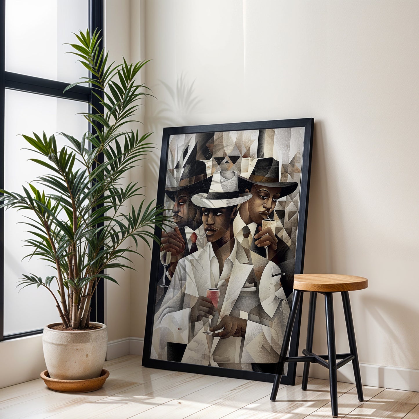 Dapper Black Men Art Print featuring handsome Black men drinking champagne, inspired by the Harlem retro 50s era. A sophisticated Bauhaus-style design from the Ladies and Gents Collection, celebrating Black culture and elegance.