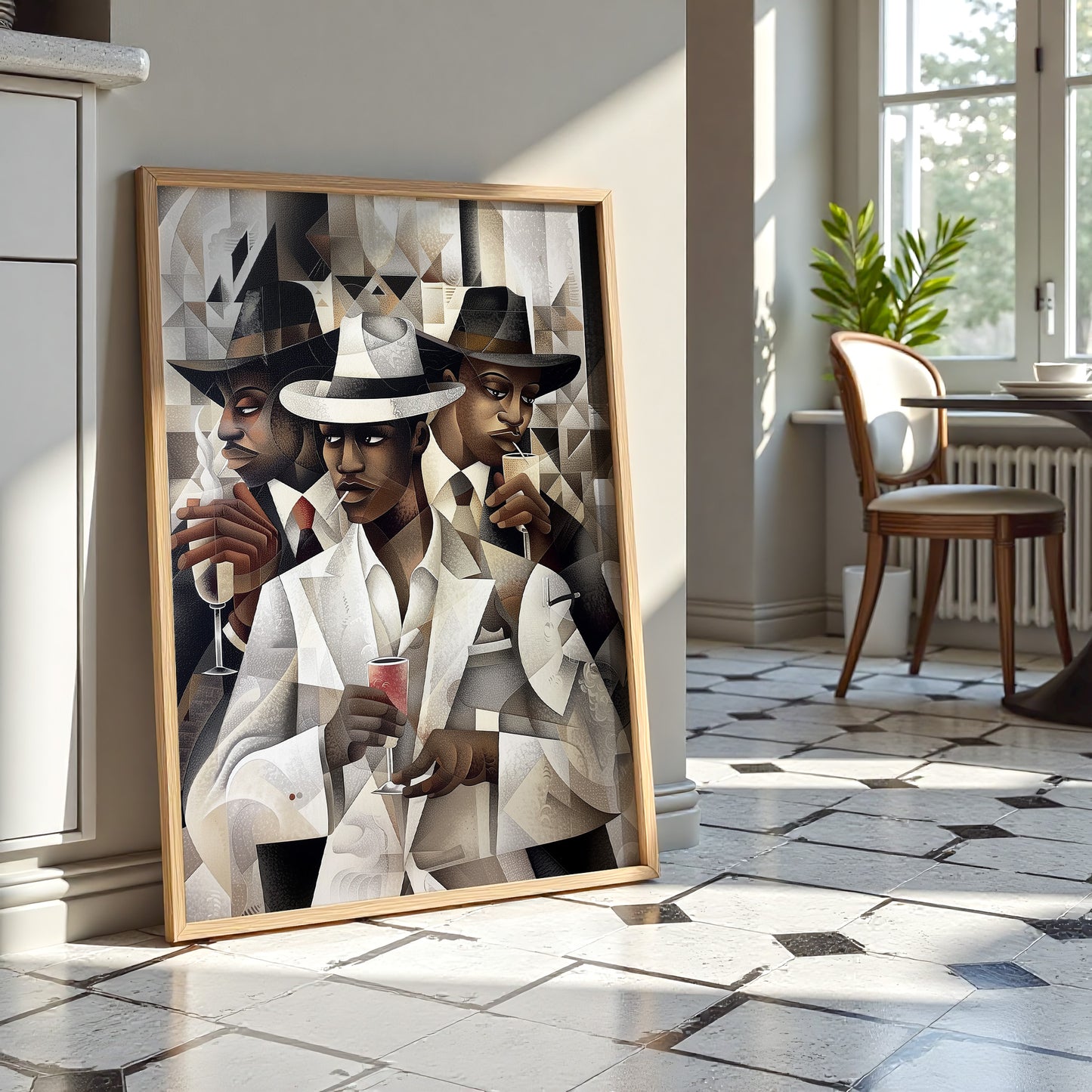 Dapper Black Men Art Print featuring handsome Black men drinking champagne, inspired by the Harlem retro 50s era. A sophisticated Bauhaus-style design from the Ladies and Gents Collection, celebrating Black culture and elegance.