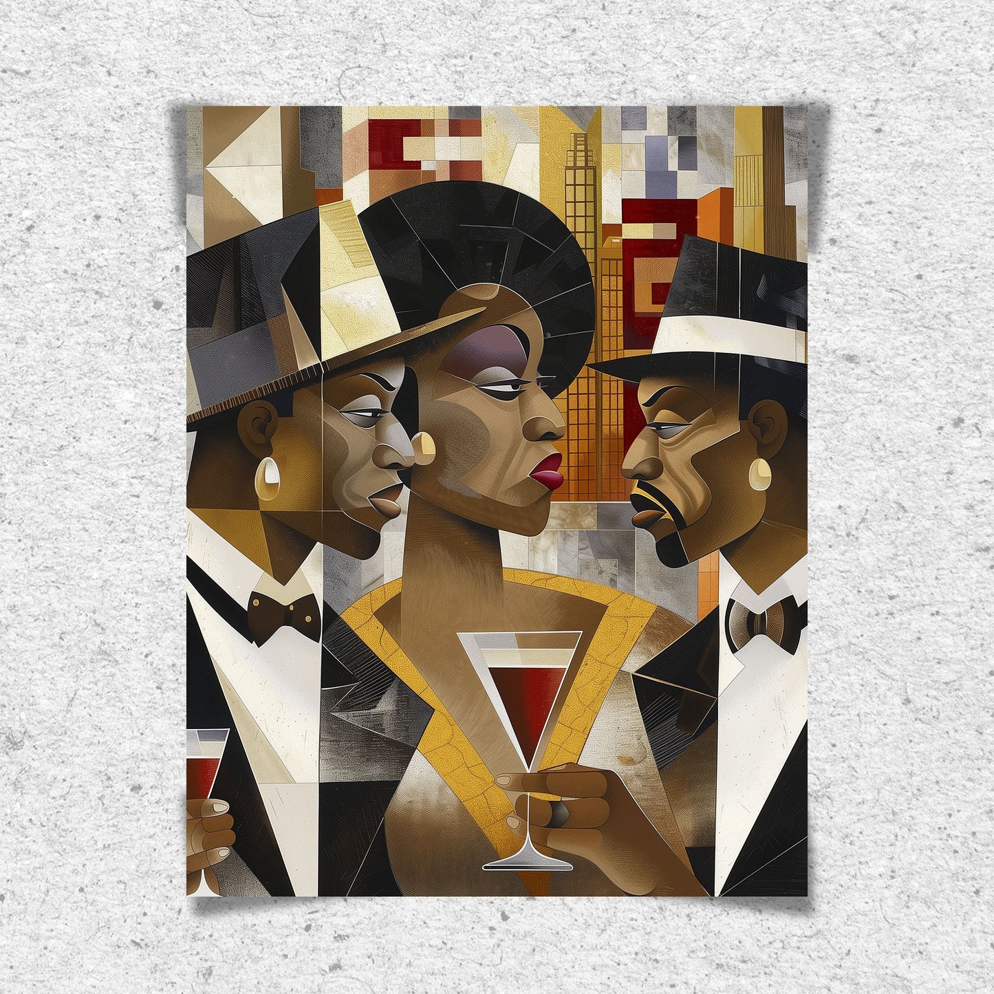 Art print titled When Eyes Clash featuring two Black men facing off in a tense confrontation, while a Black woman stands in the background, emotionally torn. A dramatic depiction of a love triangle and African American relationship dynamics.