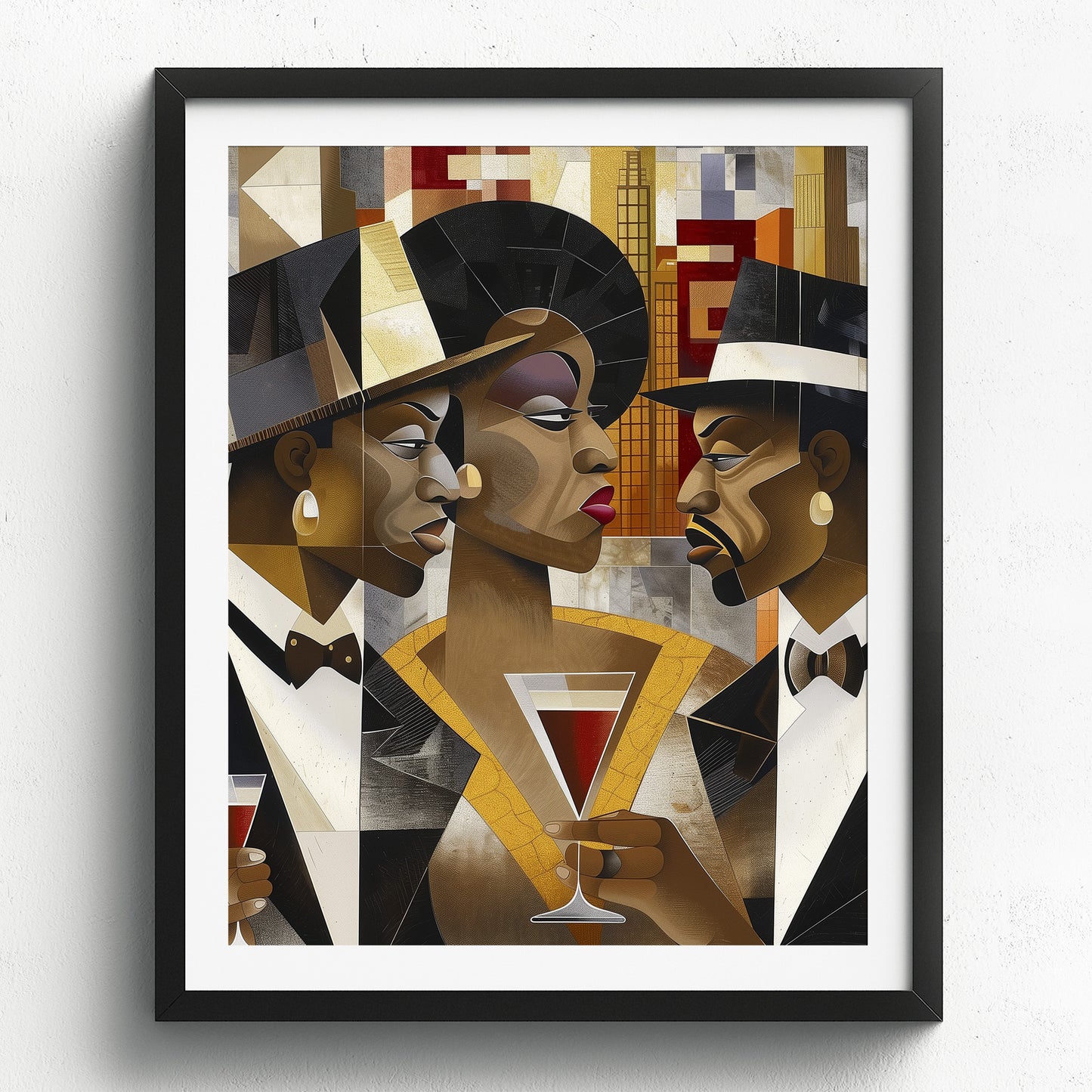 Art print titled When Eyes Clash featuring two Black men facing off in a tense confrontation, while a Black woman stands in the background, emotionally torn. A dramatic depiction of a love triangle and African American relationship dynamics.
