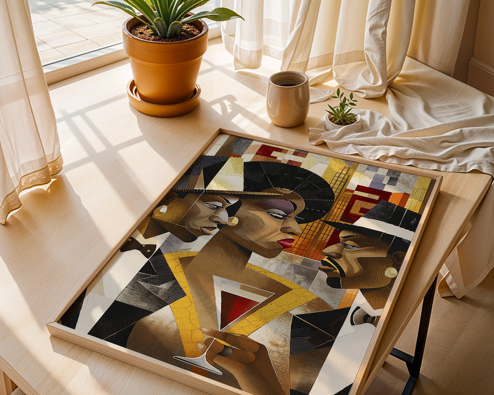 Art print titled When Eyes Clash featuring two Black men facing off in a tense confrontation, while a Black woman stands in the background, emotionally torn. A dramatic depiction of a love triangle and African American relationship dynamics.