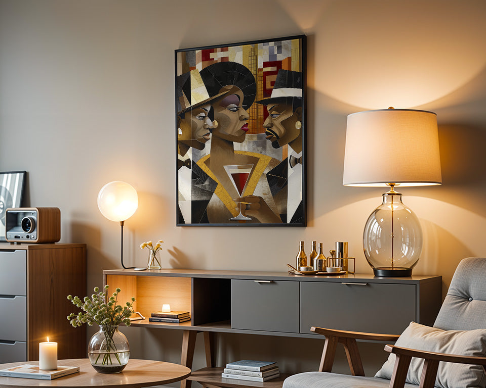 Art print titled When Eyes Clash featuring two Black men facing off in a tense confrontation, while a Black woman stands in the background, emotionally torn. A dramatic depiction of a love triangle and African American relationship dynamics.