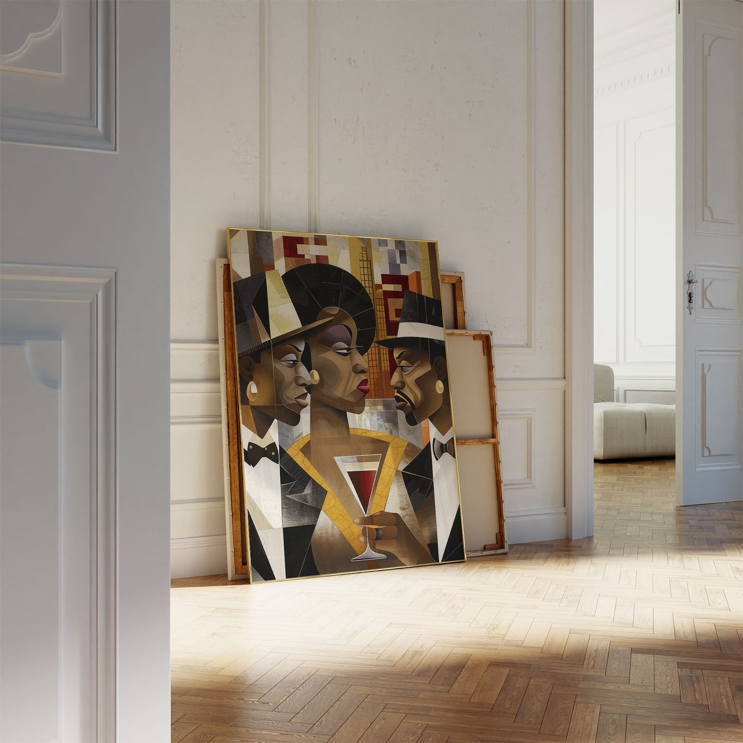 Art print titled When Eyes Clash featuring two Black men facing off in a tense confrontation, while a Black woman stands in the background, emotionally torn. A dramatic depiction of a love triangle and African American relationship dynamics.