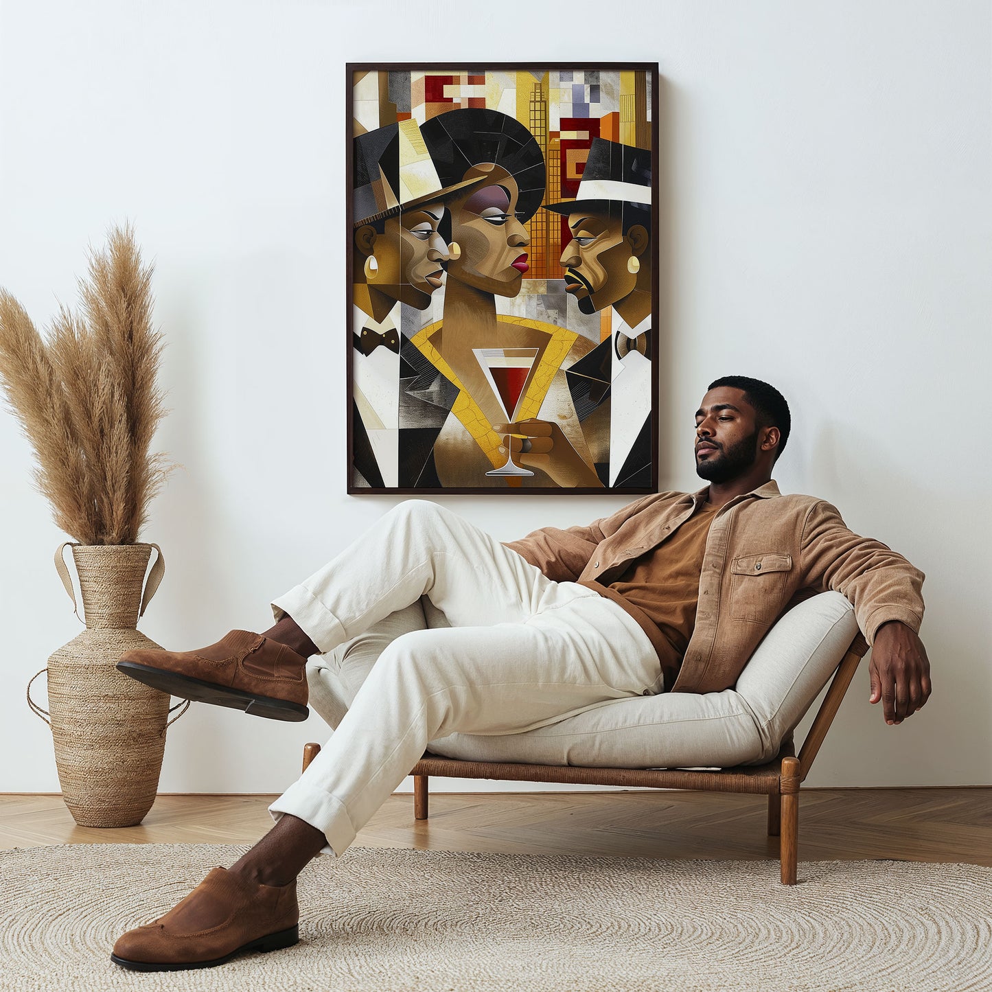 Art print titled When Eyes Clash featuring two Black men facing off in a tense confrontation, while a Black woman stands in the background, emotionally torn. A dramatic depiction of a love triangle and African American relationship dynamics.