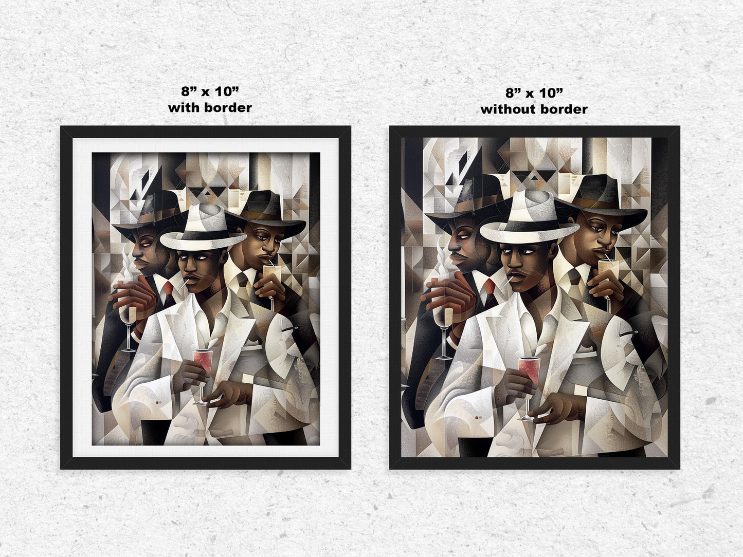 Dapper Black Men Art Print featuring handsome Black men drinking champagne, inspired by the Harlem retro 50s era. A sophisticated Bauhaus-style design from the Ladies and Gents Collection, celebrating Black culture and elegance.