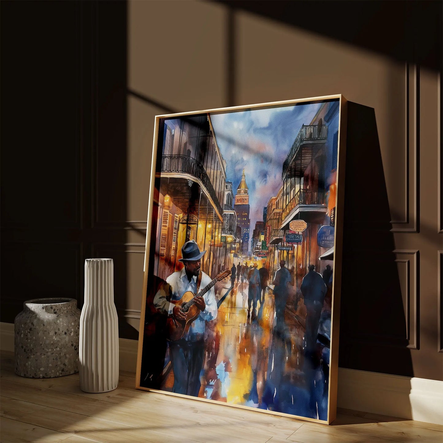 Watercolor digital art of a Black man playing guitar on New Orleans' Bourbon Street at night. The vibrant scene captures the soulful nightlife of The Big Easy, with colorful lights and musical energy filling the street.