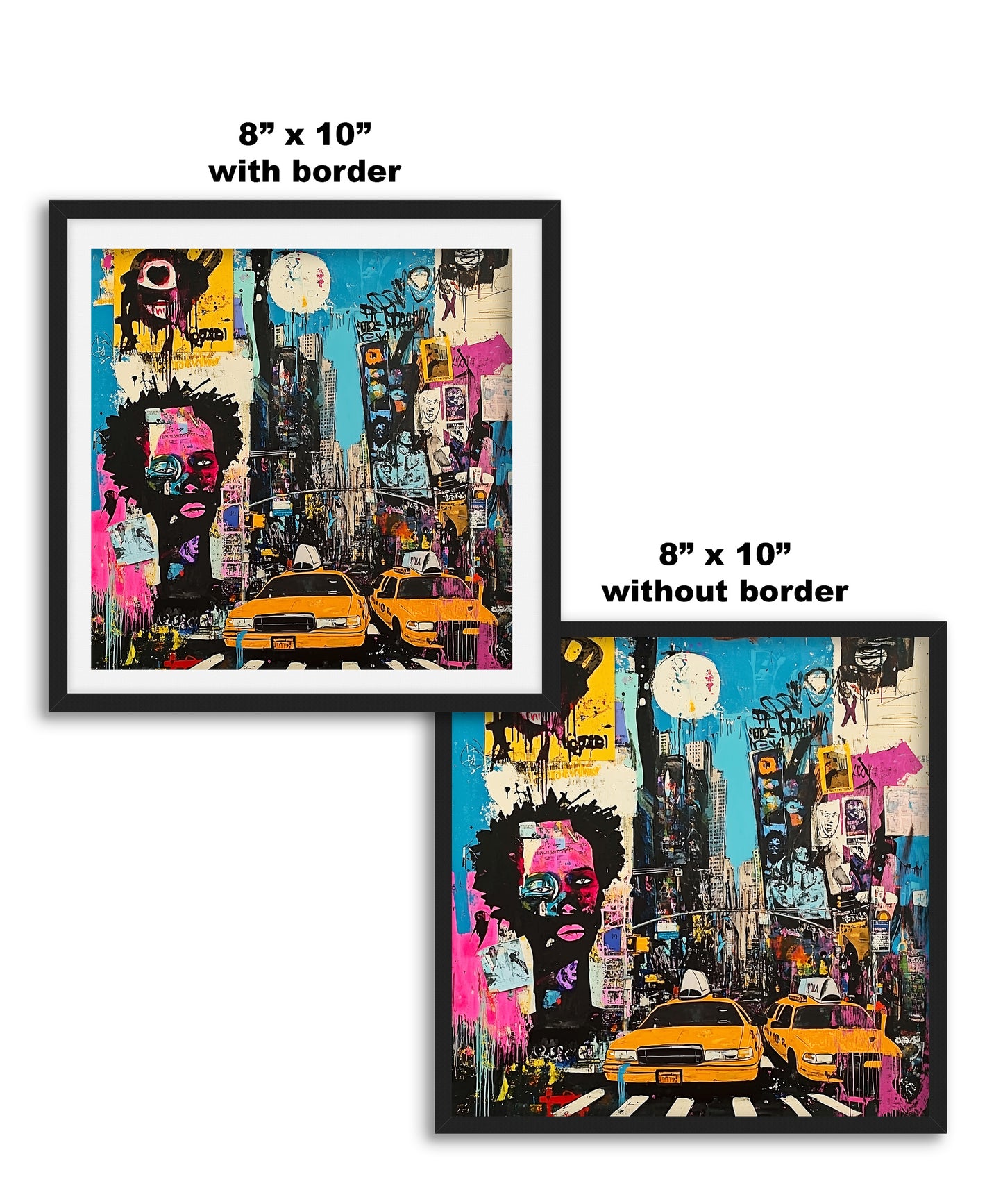 Graffiti-style digital art print of Manhattan, New York City, featuring iconic yellow taxis against a gritty, abstract city landscape with urban textures and bold street art elements.
