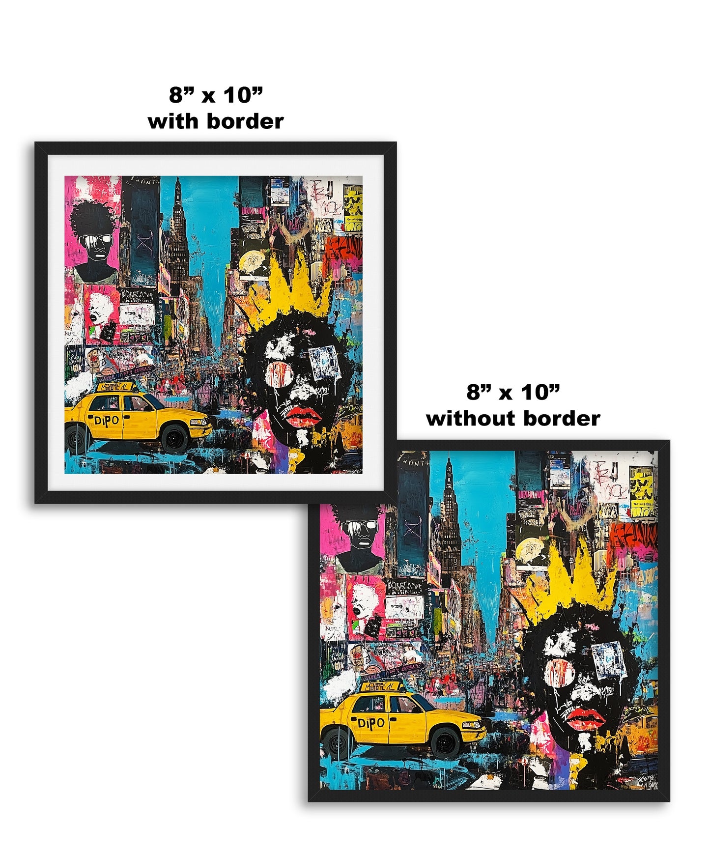 Graffiti-style digital art print of Manhattan, New York City, featuring iconic yellow taxis against a gritty, abstract city landscape with urban textures and bold street art elements.