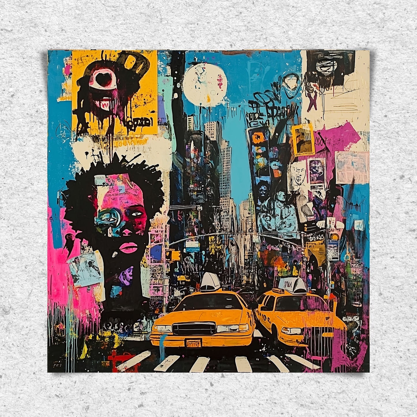 Graffiti-style digital art print of Manhattan, New York City, featuring iconic yellow taxis against a gritty, abstract city landscape with urban textures and bold street art elements.