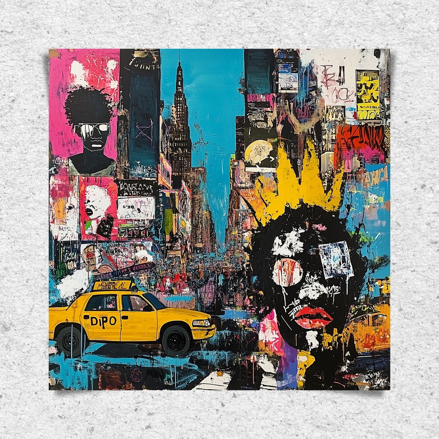 Graffiti-style digital art print of Manhattan, New York City, featuring iconic yellow taxis against a gritty, abstract city landscape with urban textures and bold street art elements.