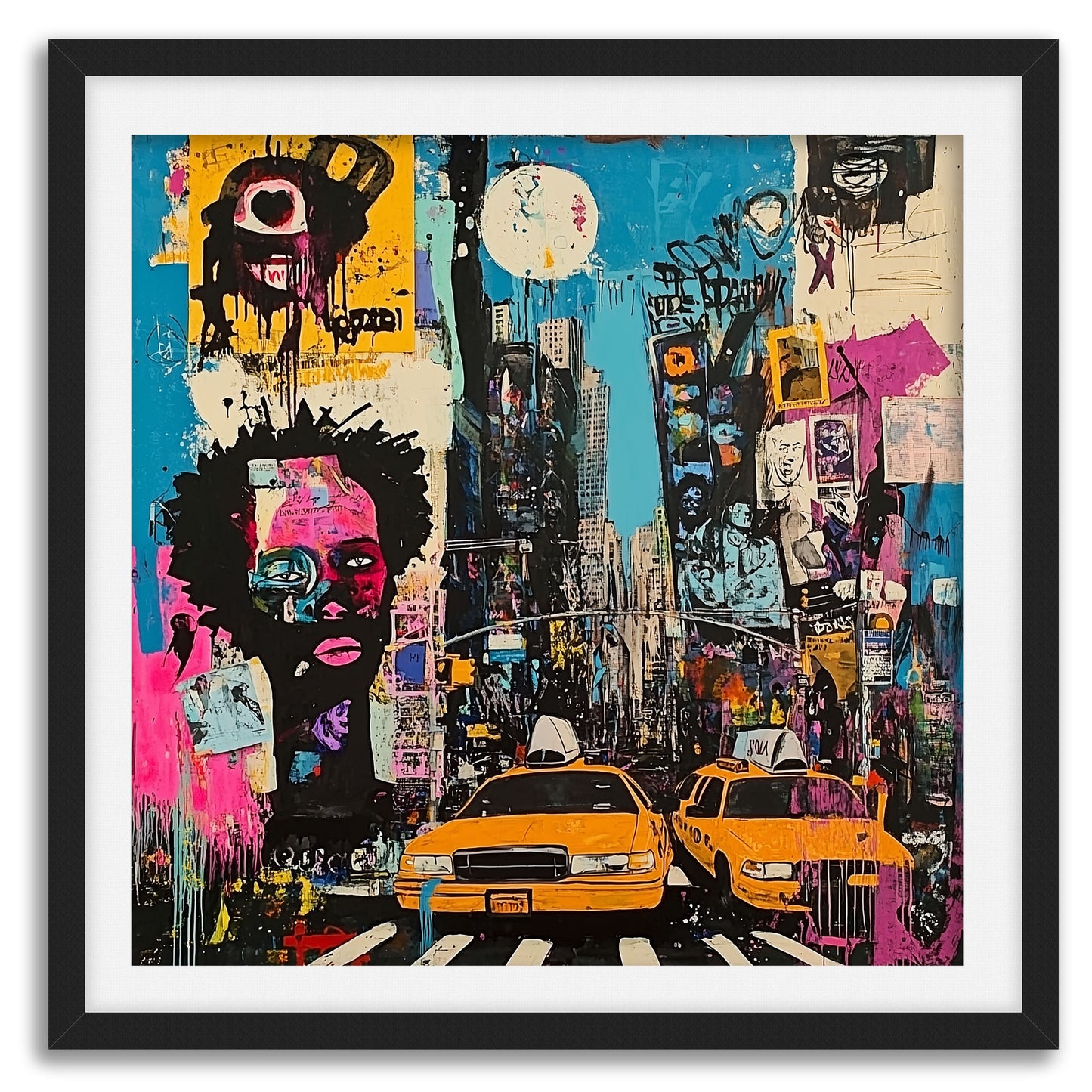 Graffiti-style digital art print of Manhattan, New York City, featuring iconic yellow taxis against a gritty, abstract city landscape with urban textures and bold street art elements.