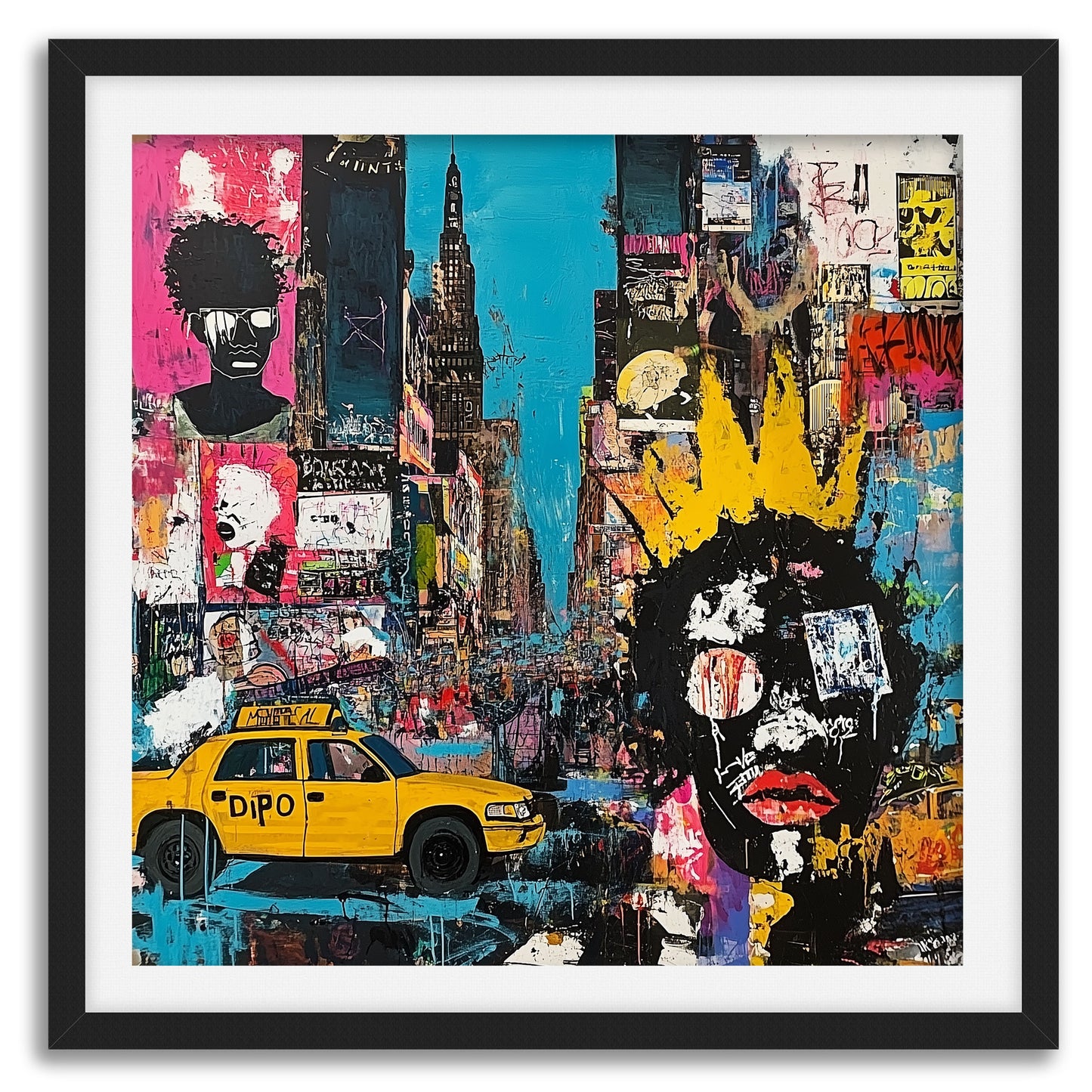 Graffiti-style digital art print of Manhattan, New York City, featuring iconic yellow taxis against a gritty, abstract city landscape with urban textures and bold street art elements.