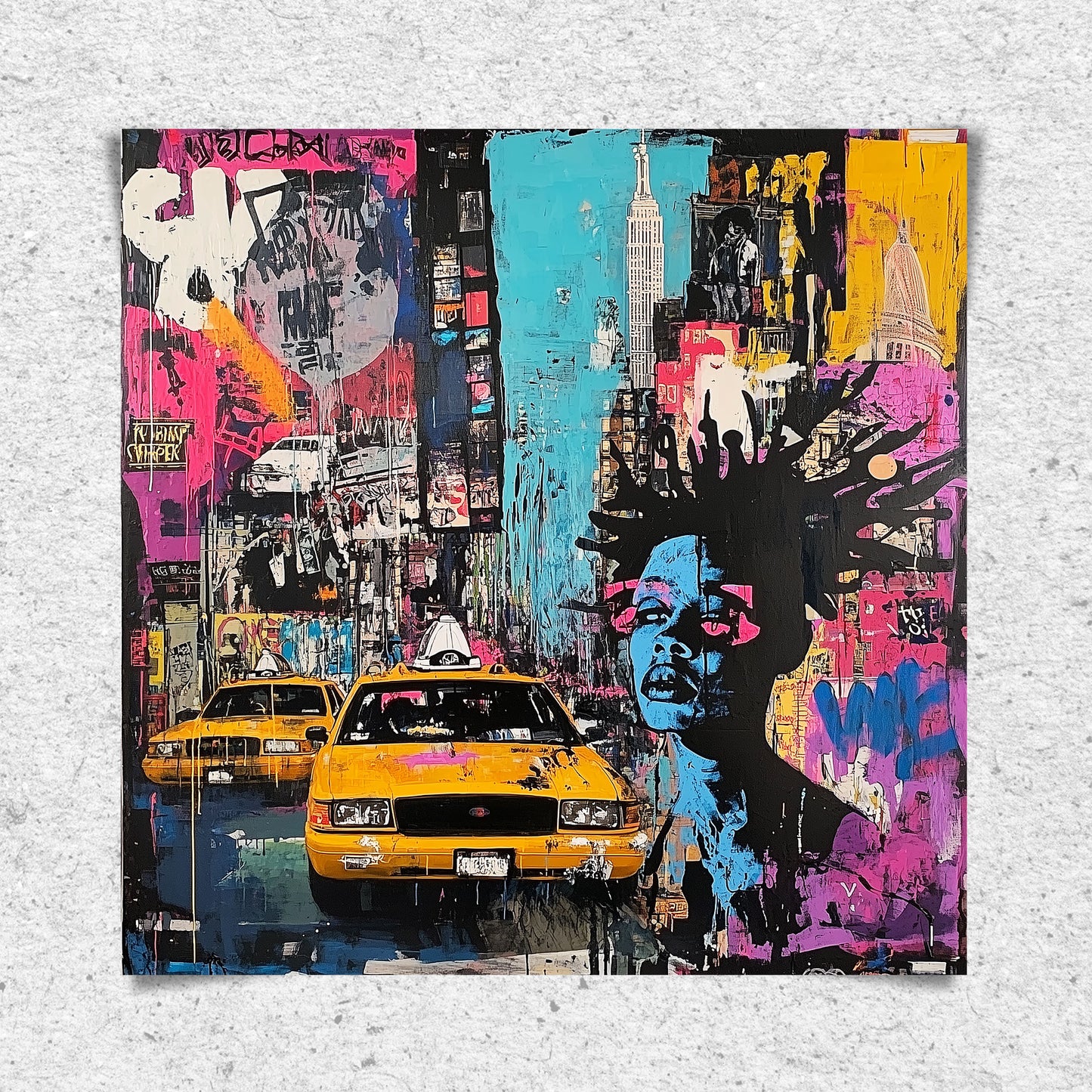 Abstract graffiti-style art print featuring iconic Manhattan yellow taxis against a gritty New York City landscape. A bold NYC wall art piece capturing the energy and movement of urban life.