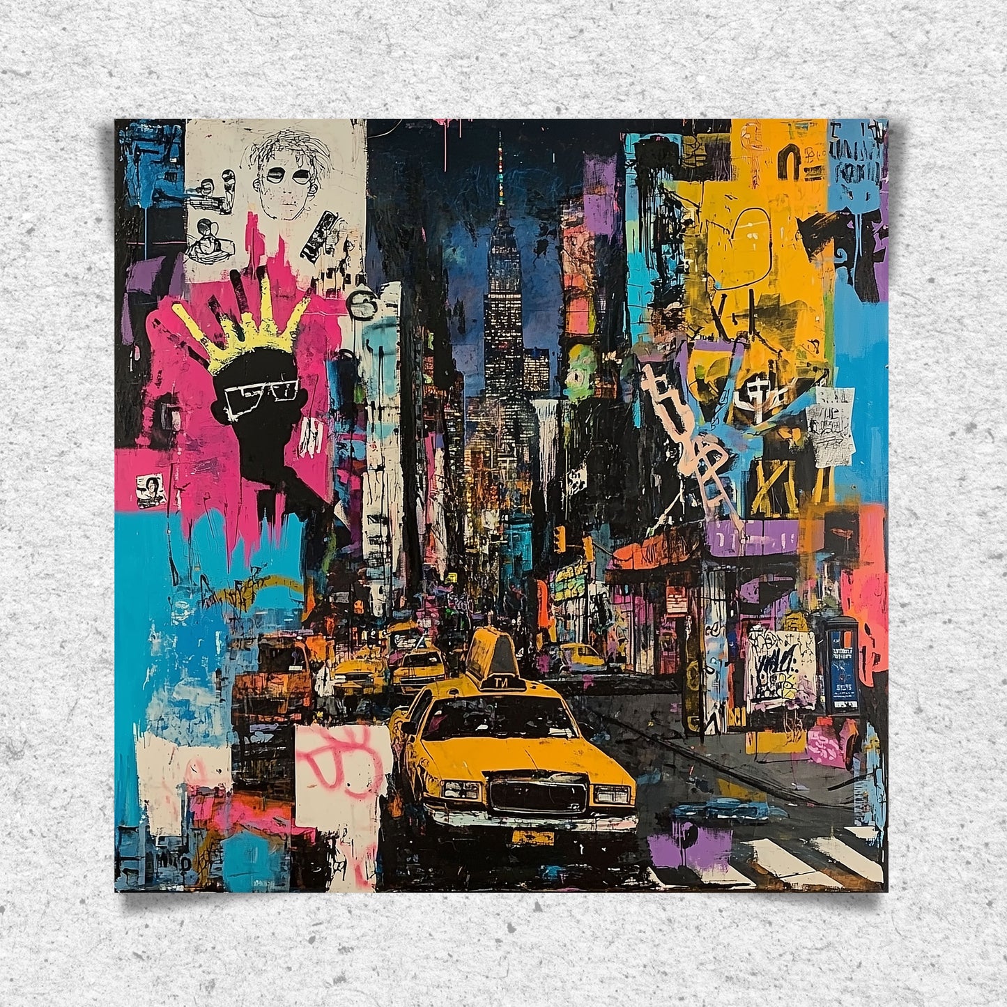Urban cityscape art print featuring Manhattan yellow taxis in an abstract graffiti style. Showcases iconic NYC cabs set against a gritty, textured New York City backdrop, capturing the energy of urban life.