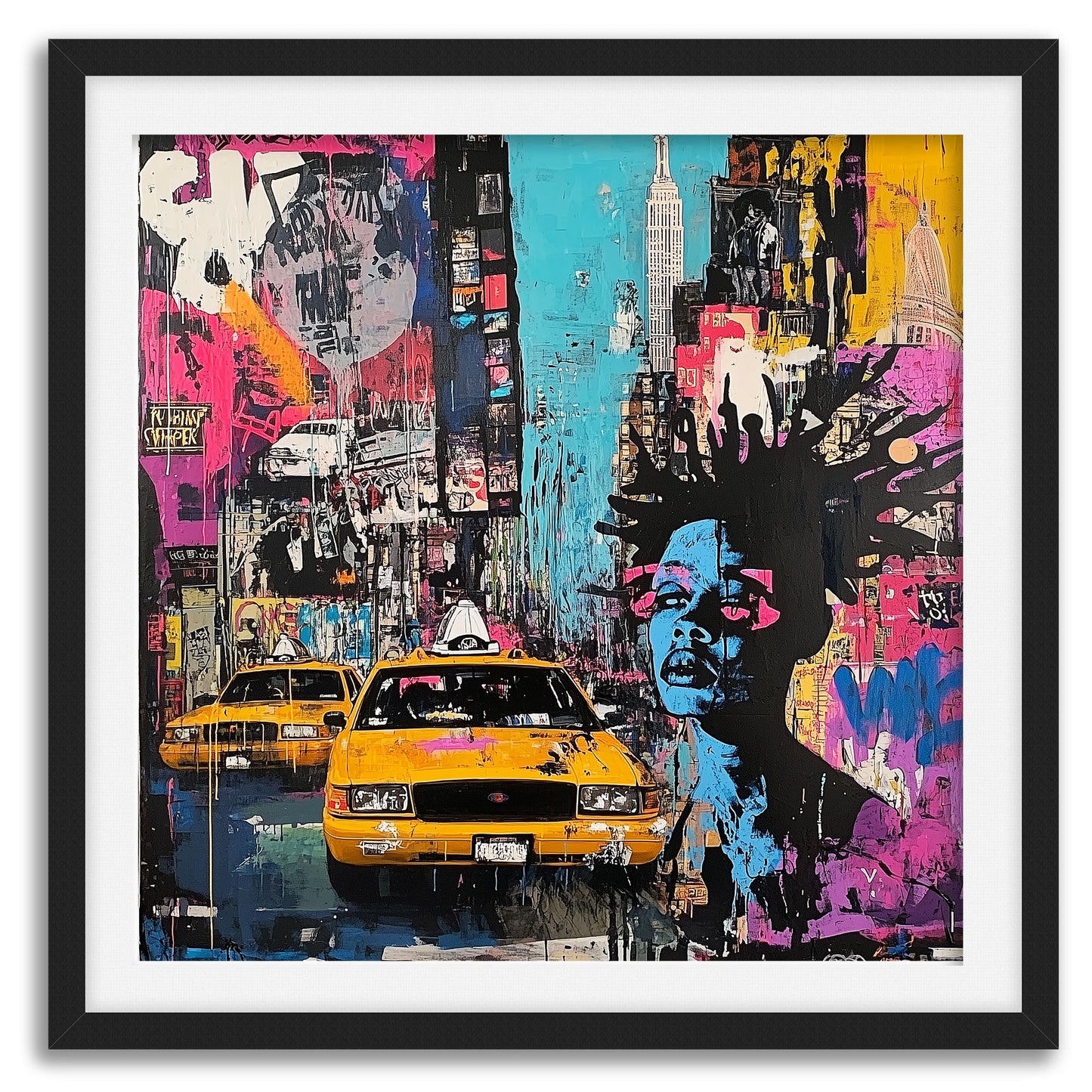 Abstract graffiti-style art print featuring iconic Manhattan yellow taxis against a gritty New York City landscape. A bold NYC wall art piece capturing the energy and movement of urban life.