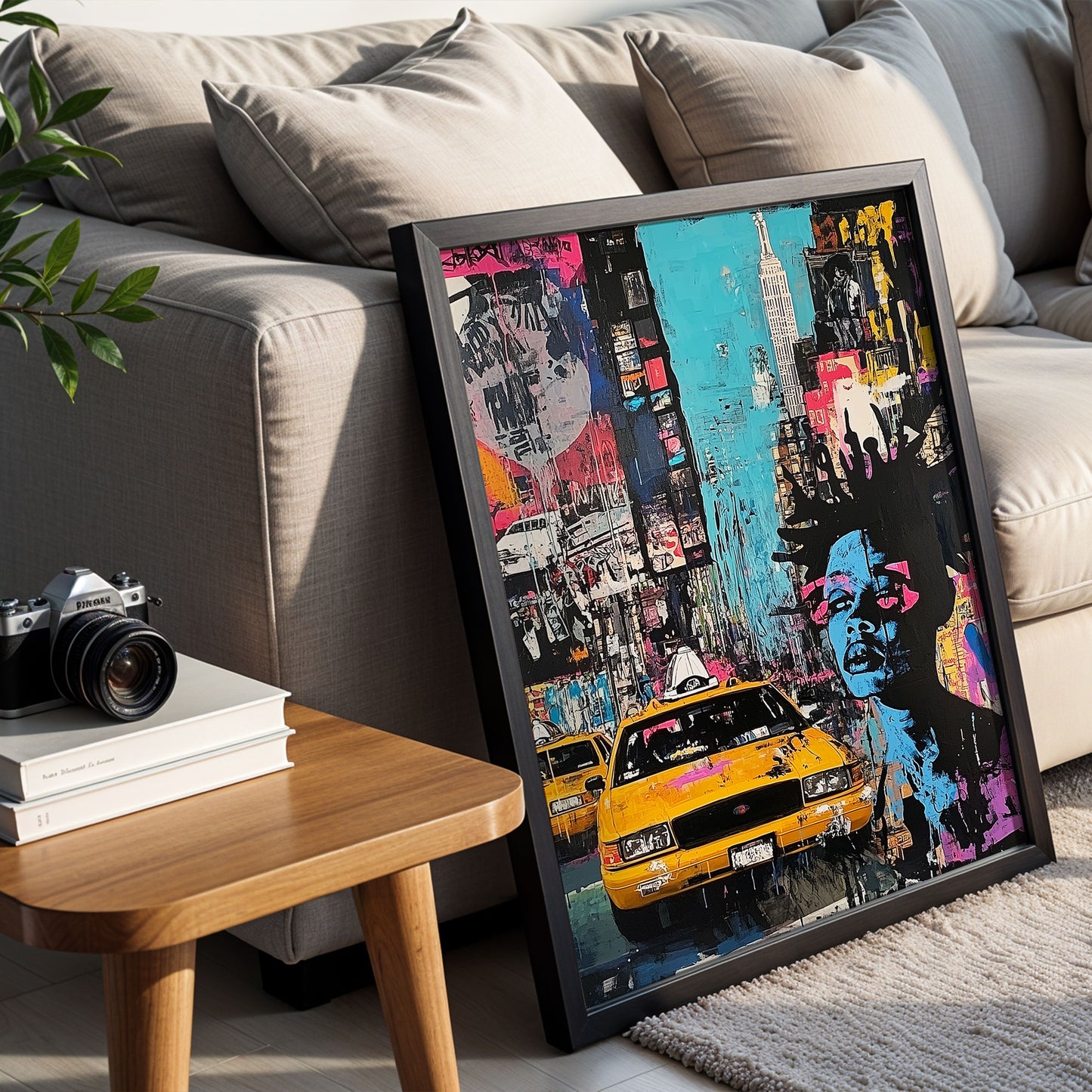 Abstract graffiti-style art print featuring iconic Manhattan yellow taxis against a gritty New York City landscape. A bold NYC wall art piece capturing the energy and movement of urban life.