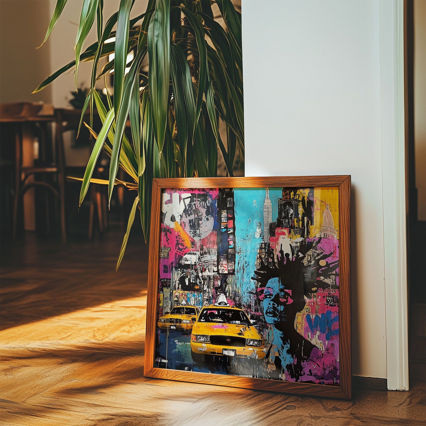 Abstract graffiti-style art print featuring iconic Manhattan yellow taxis against a gritty New York City landscape. A bold NYC wall art piece capturing the energy and movement of urban life.
