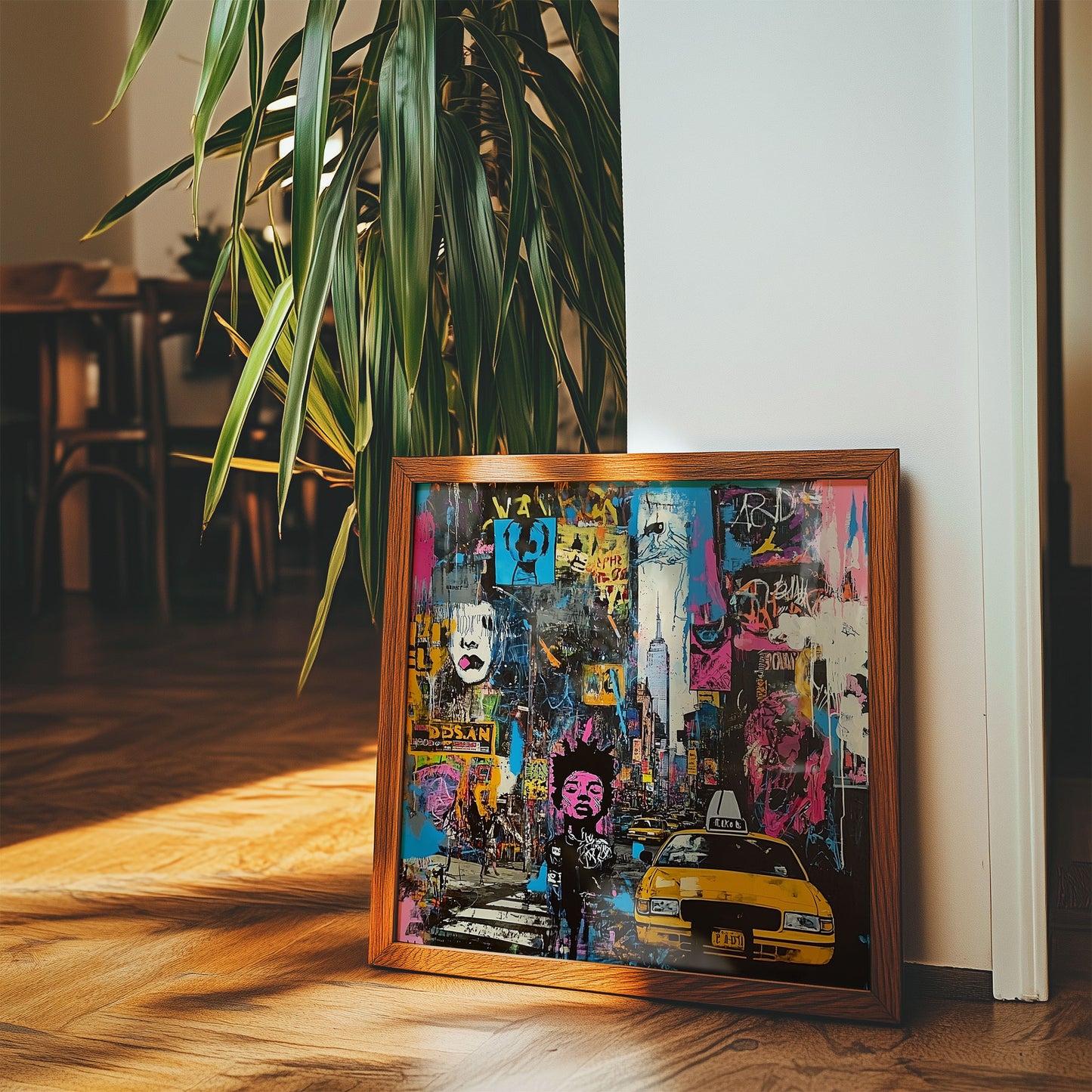 Art print featuring Manhattan yellow taxis in a graffiti-inspired abstract cityscape. Showcases iconic NYC cabs against a gritty urban New York backdrop, perfect for modern wall decor.