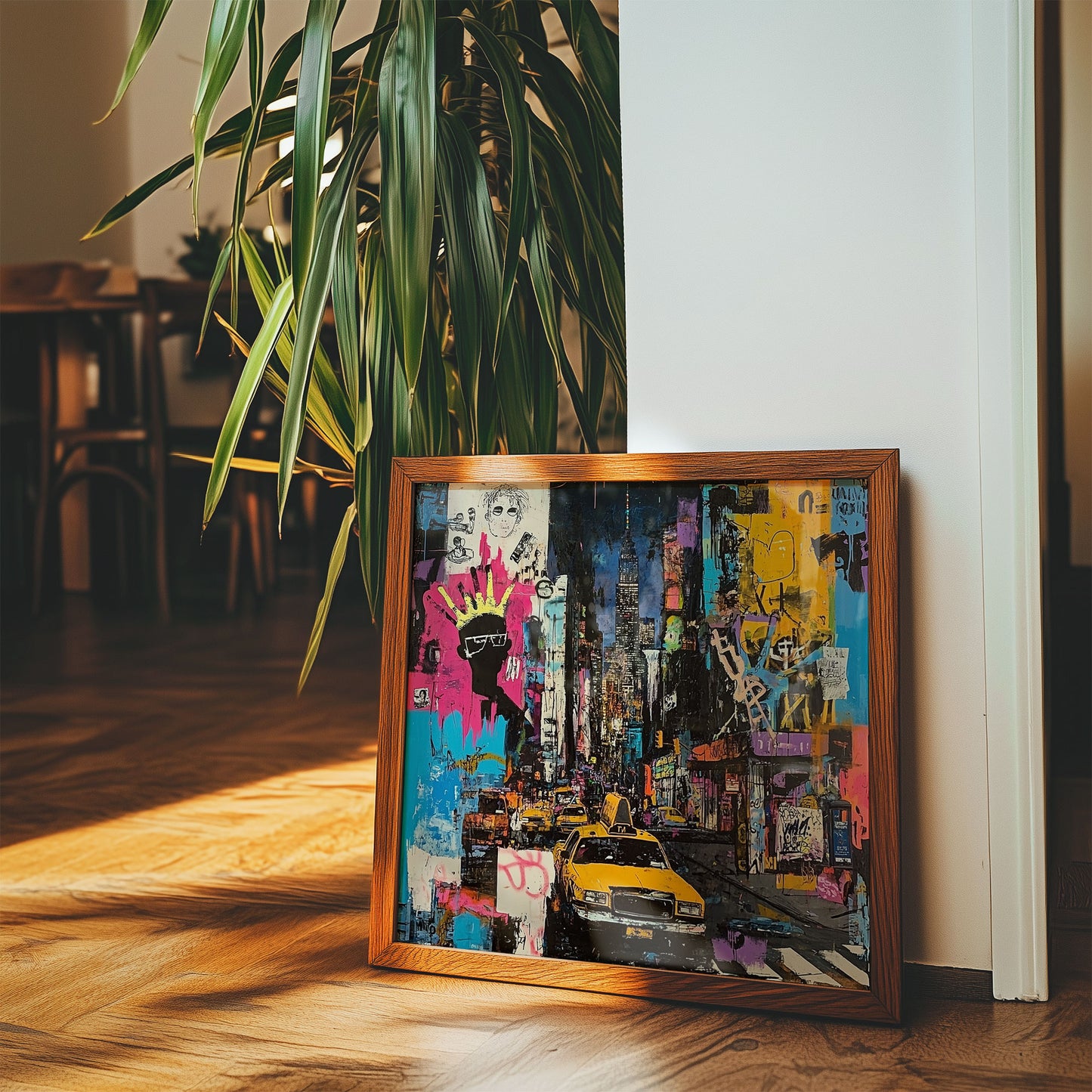 Urban cityscape art print featuring Manhattan yellow taxis in an abstract graffiti style. Showcases iconic NYC cabs set against a gritty, textured New York City backdrop, capturing the energy of urban life.