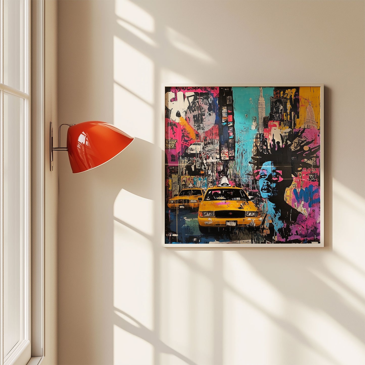 Abstract graffiti-style art print featuring iconic Manhattan yellow taxis against a gritty New York City landscape. A bold NYC wall art piece capturing the energy and movement of urban life.
