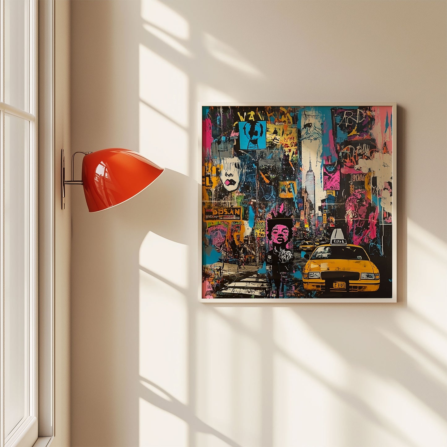 Art print featuring Manhattan yellow taxis in a graffiti-inspired abstract cityscape. Showcases iconic NYC cabs against a gritty urban New York backdrop, perfect for modern wall decor.