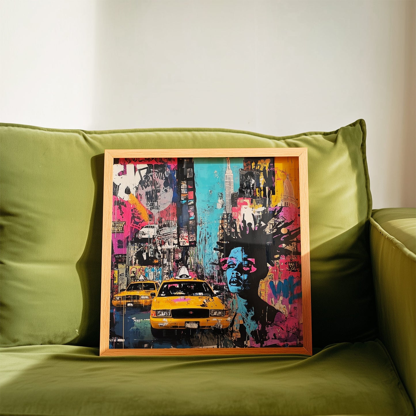 Abstract graffiti-style art print featuring iconic Manhattan yellow taxis against a gritty New York City landscape. A bold NYC wall art piece capturing the energy and movement of urban life.