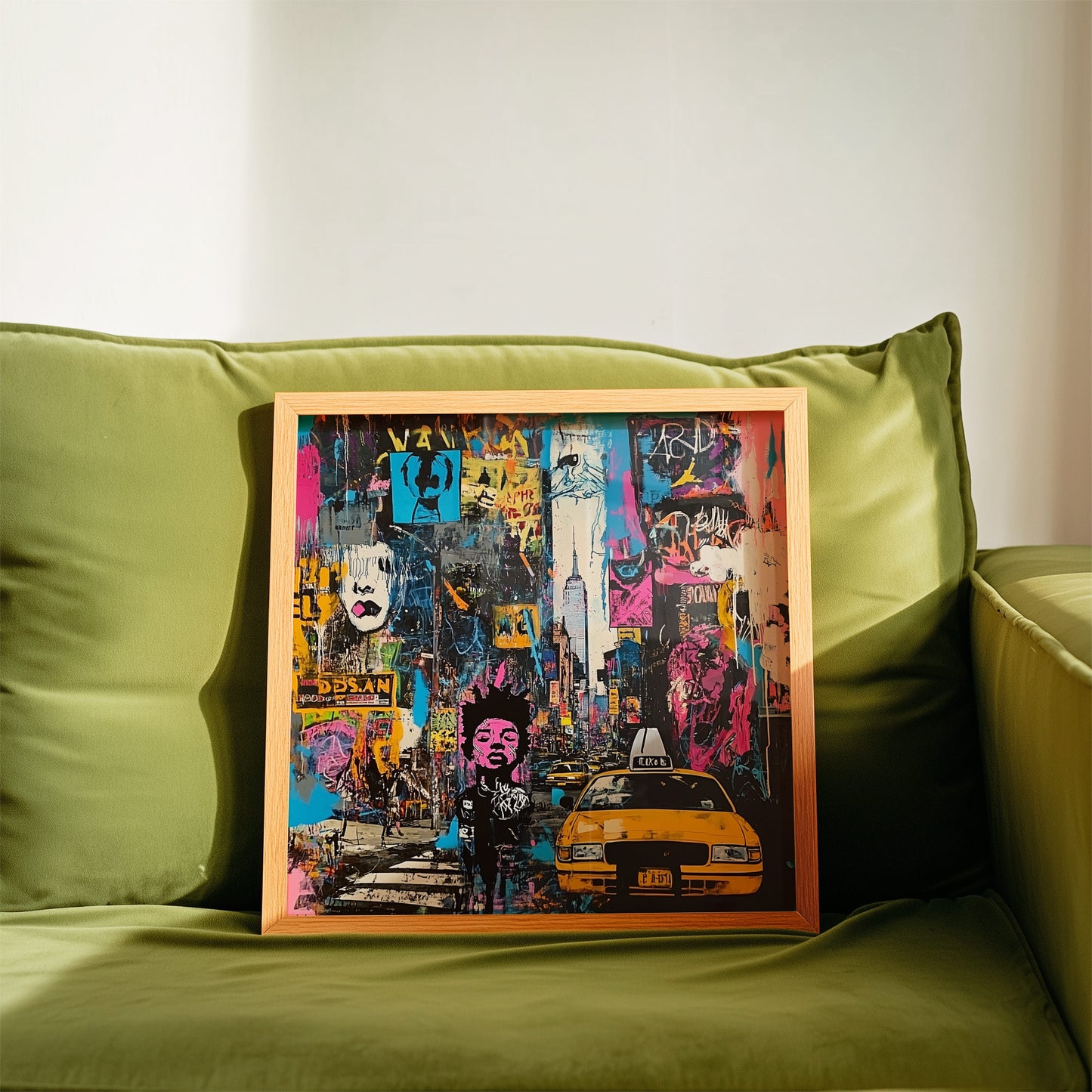 Art print featuring Manhattan yellow taxis in a graffiti-inspired abstract cityscape. Showcases iconic NYC cabs against a gritty urban New York backdrop, perfect for modern wall decor.