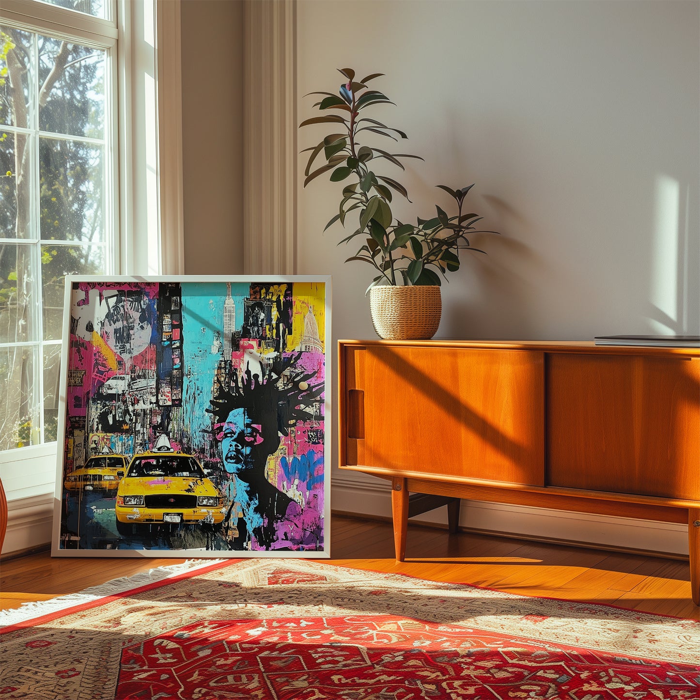 Abstract graffiti-style art print featuring iconic Manhattan yellow taxis against a gritty New York City landscape. A bold NYC wall art piece capturing the energy and movement of urban life.
