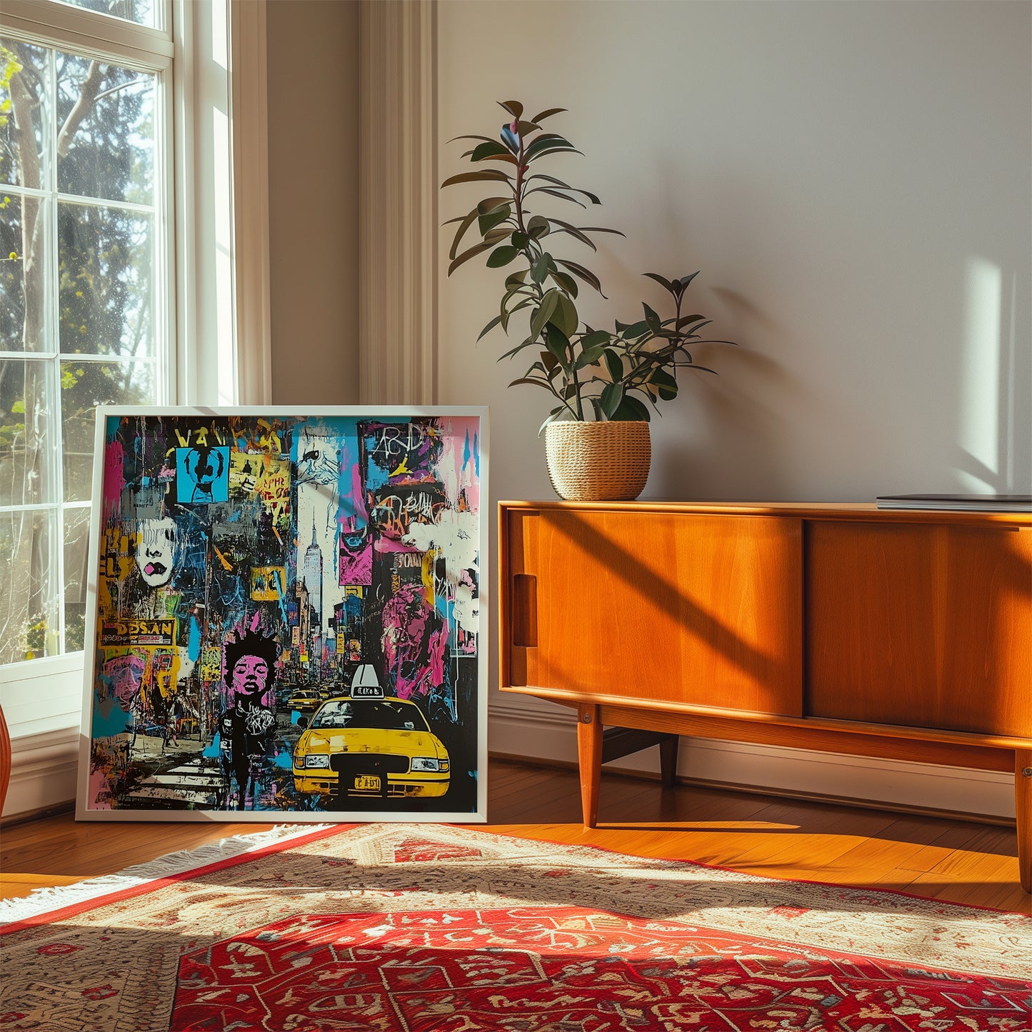 Art print featuring Manhattan yellow taxis in a graffiti-inspired abstract cityscape. Showcases iconic NYC cabs against a gritty urban New York backdrop, perfect for modern wall decor.
