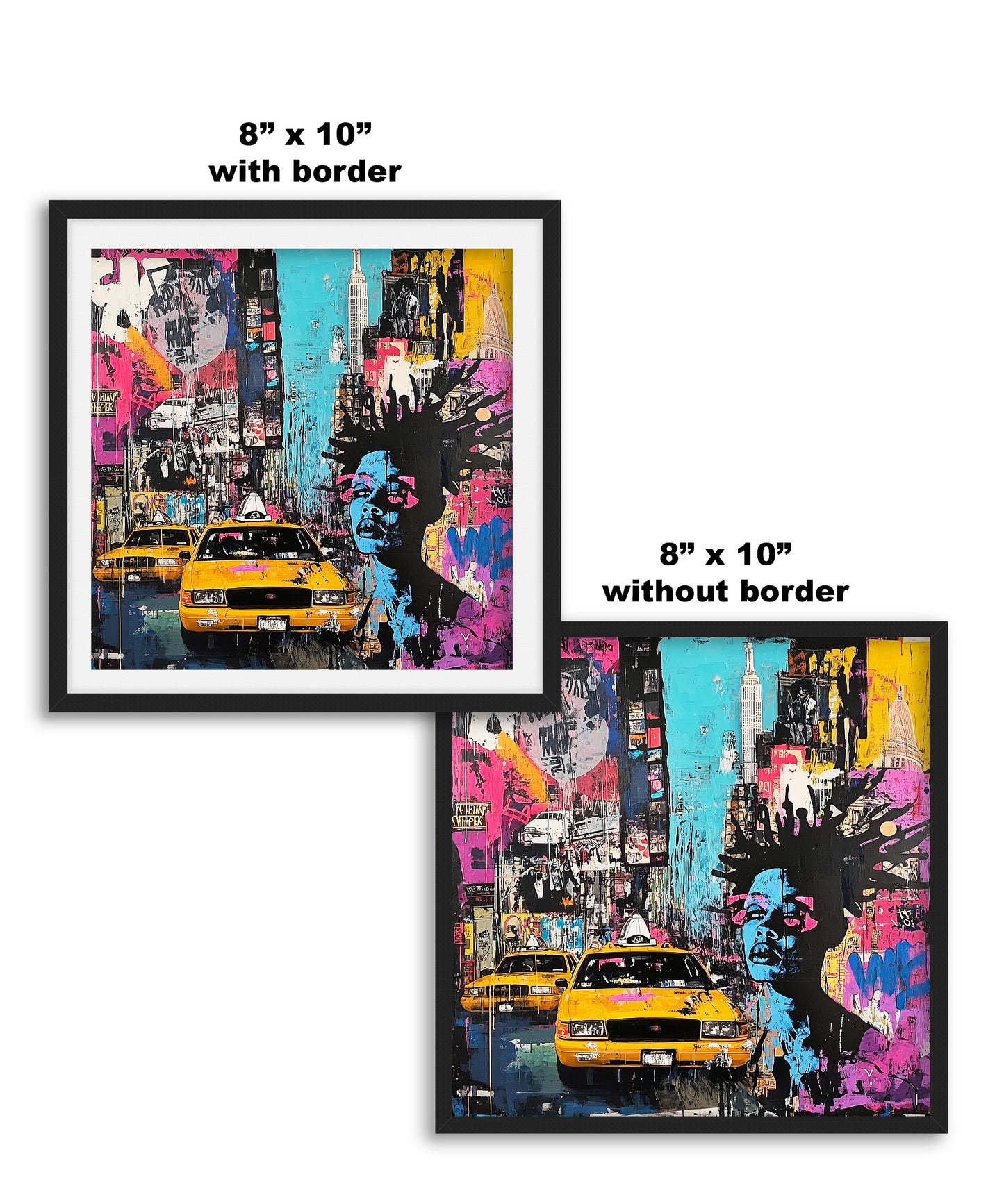 Abstract graffiti-style art print featuring iconic Manhattan yellow taxis against a gritty New York City landscape. A bold NYC wall art piece capturing the energy and movement of urban life.