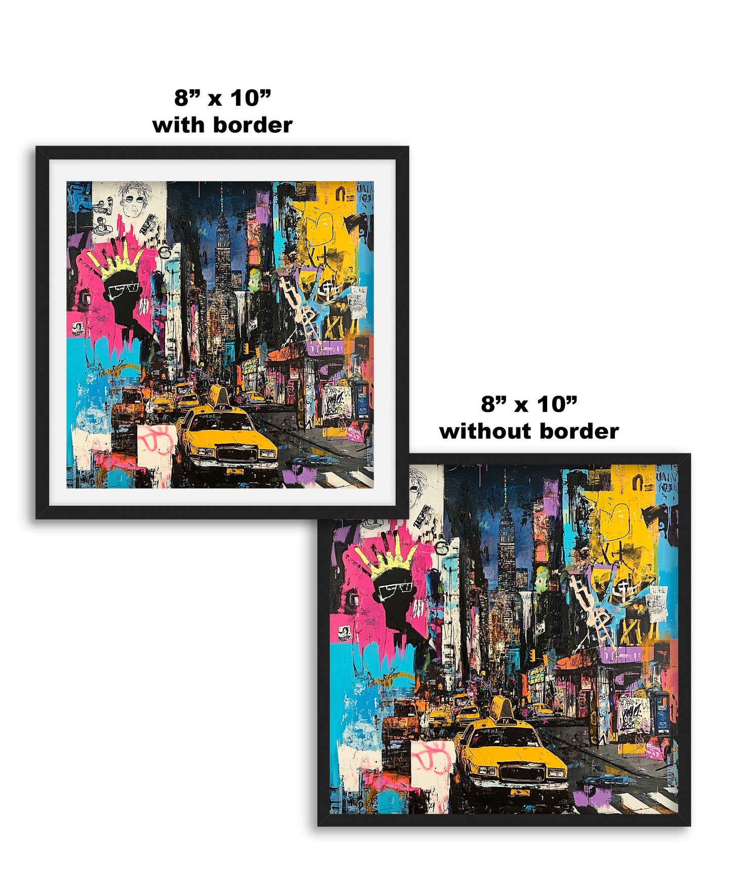 Urban cityscape art print featuring Manhattan yellow taxis in an abstract graffiti style. Showcases iconic NYC cabs set against a gritty, textured New York City backdrop, capturing the energy of urban life.