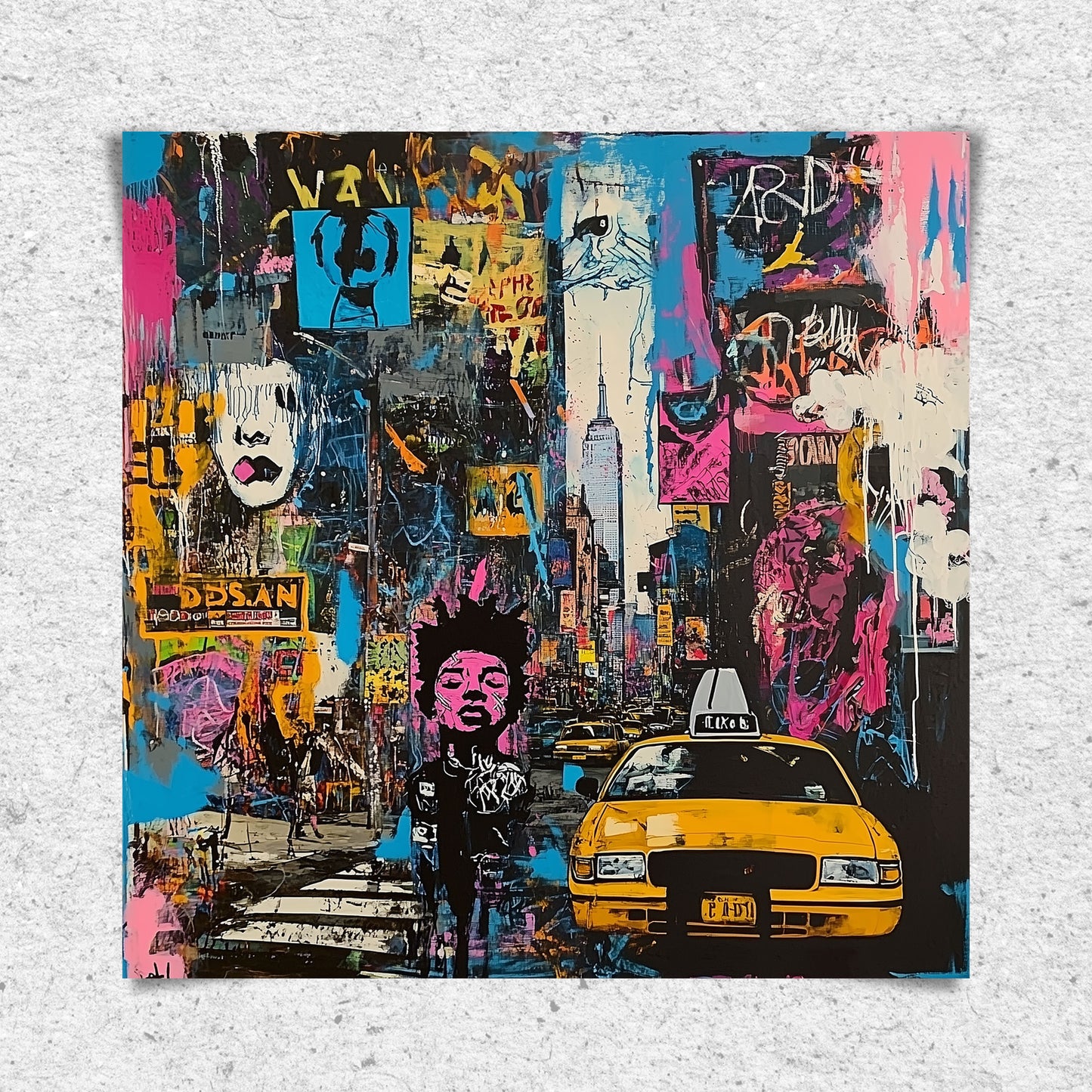 Art print featuring Manhattan yellow taxis in a graffiti-inspired abstract cityscape. Showcases iconic NYC cabs against a gritty urban New York backdrop, perfect for modern wall decor.