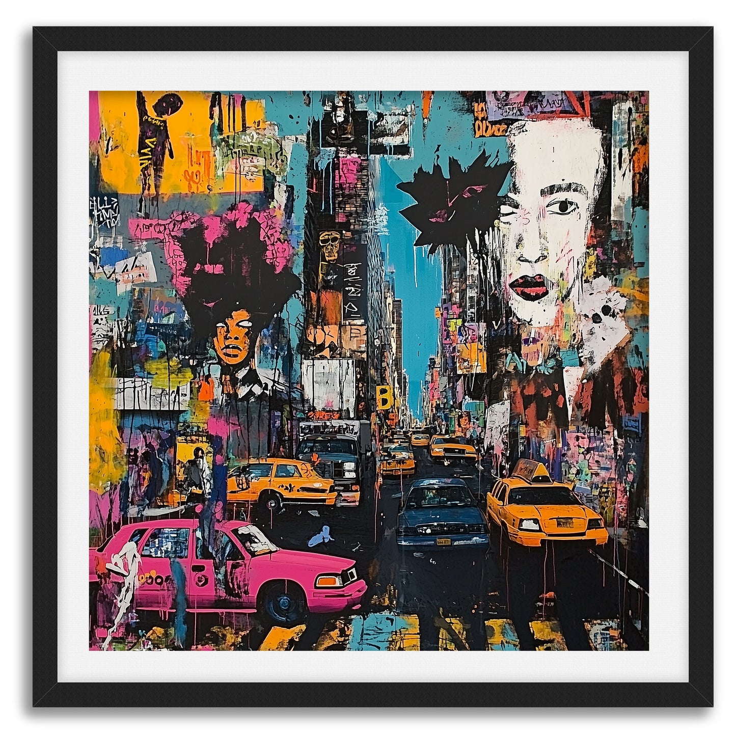 Art print featuring Manhattan yellow taxis in a graffiti-inspired abstract cityscape. Showcases iconic NYC cabs against a gritty urban New York backdrop, perfect for modern wall decor.