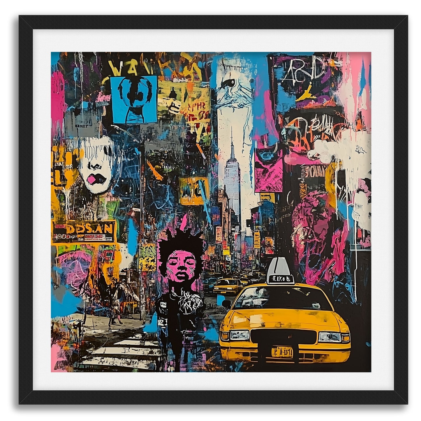Art print featuring Manhattan yellow taxis in a graffiti-inspired abstract cityscape. Showcases iconic NYC cabs against a gritty urban New York backdrop, perfect for modern wall decor.