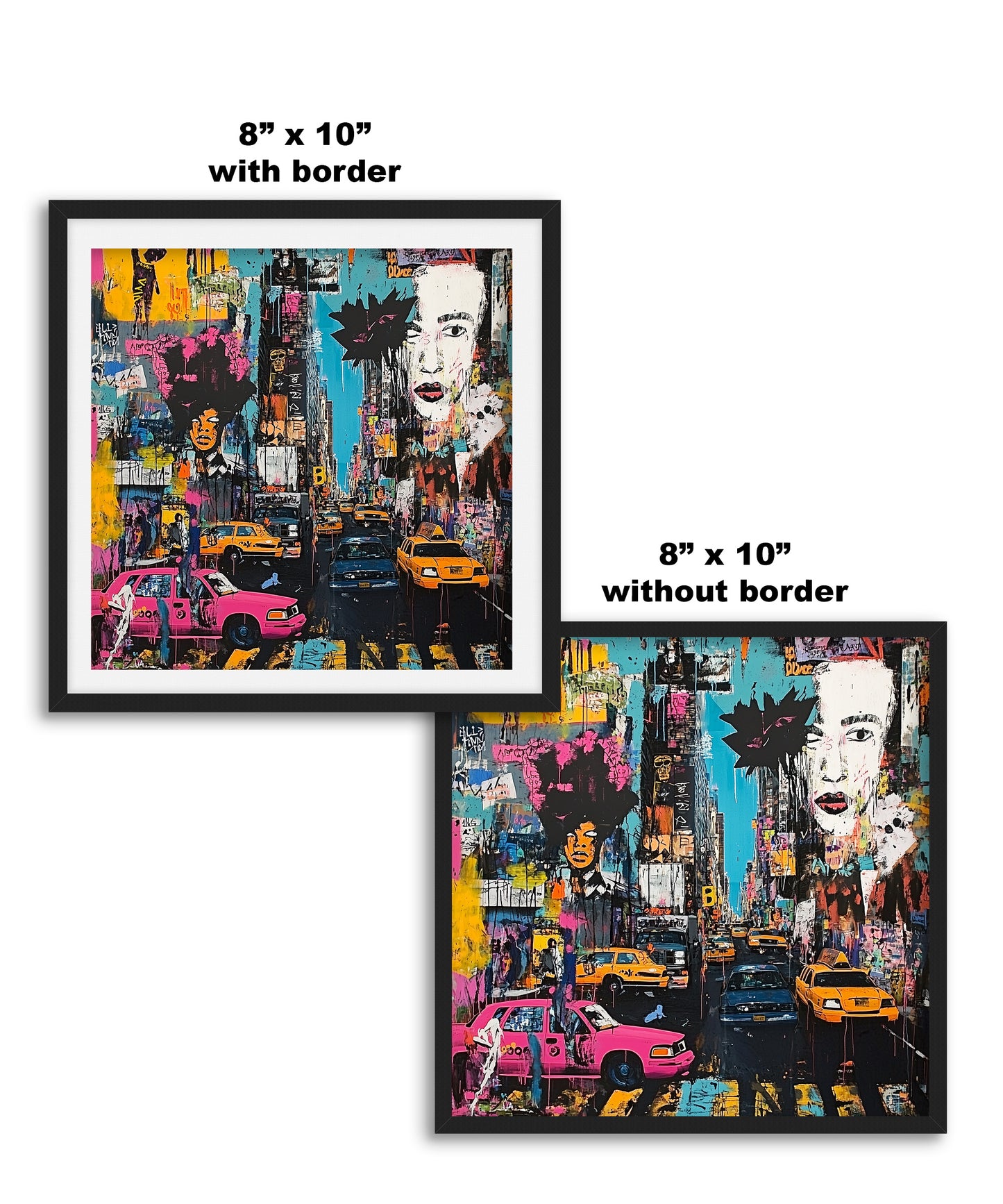 Art print featuring Manhattan yellow taxis in a graffiti-inspired abstract cityscape. Showcases iconic NYC cabs against a gritty urban New York backdrop, perfect for modern wall decor.