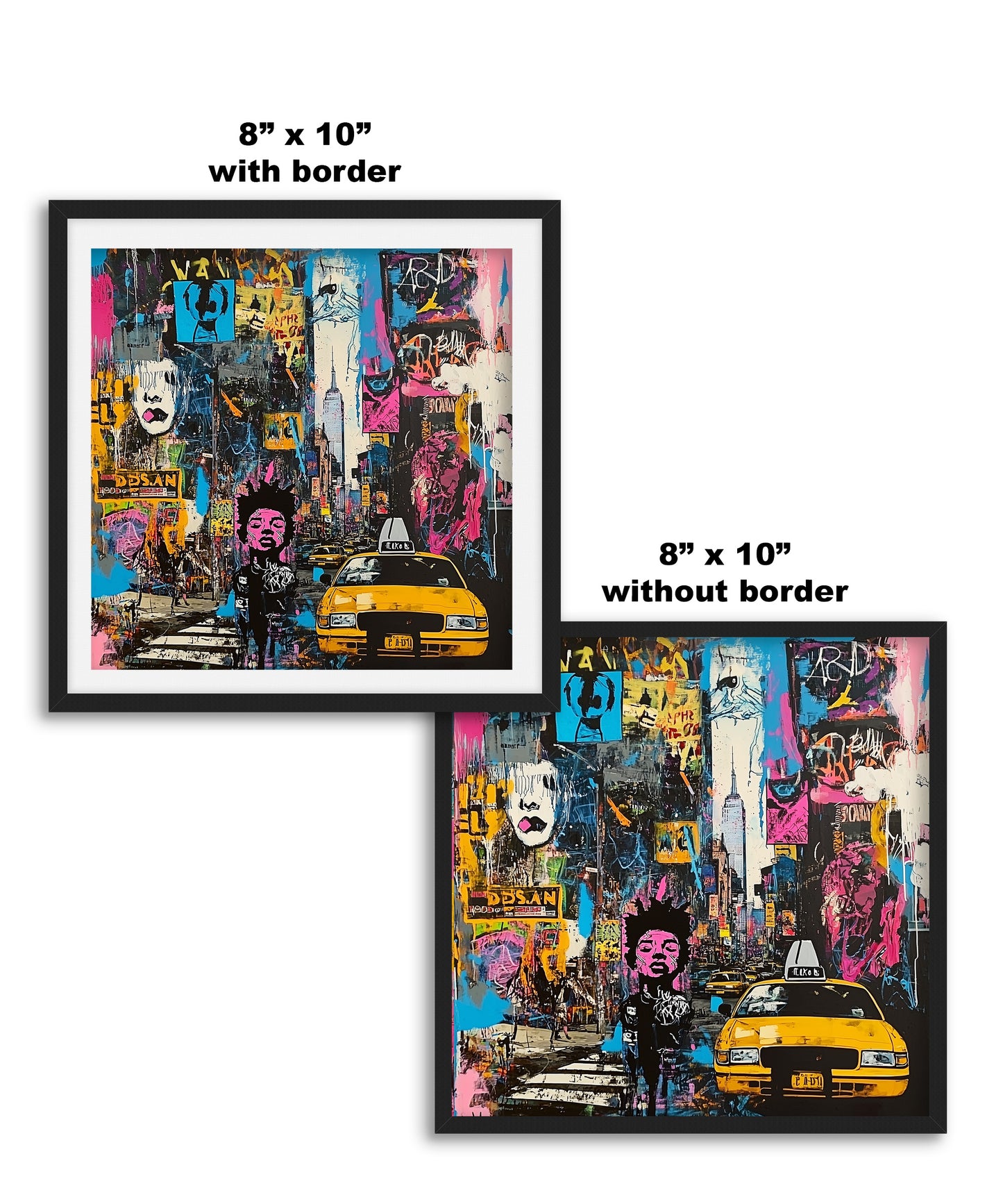 Art print featuring Manhattan yellow taxis in a graffiti-inspired abstract cityscape. Showcases iconic NYC cabs against a gritty urban New York backdrop, perfect for modern wall decor.