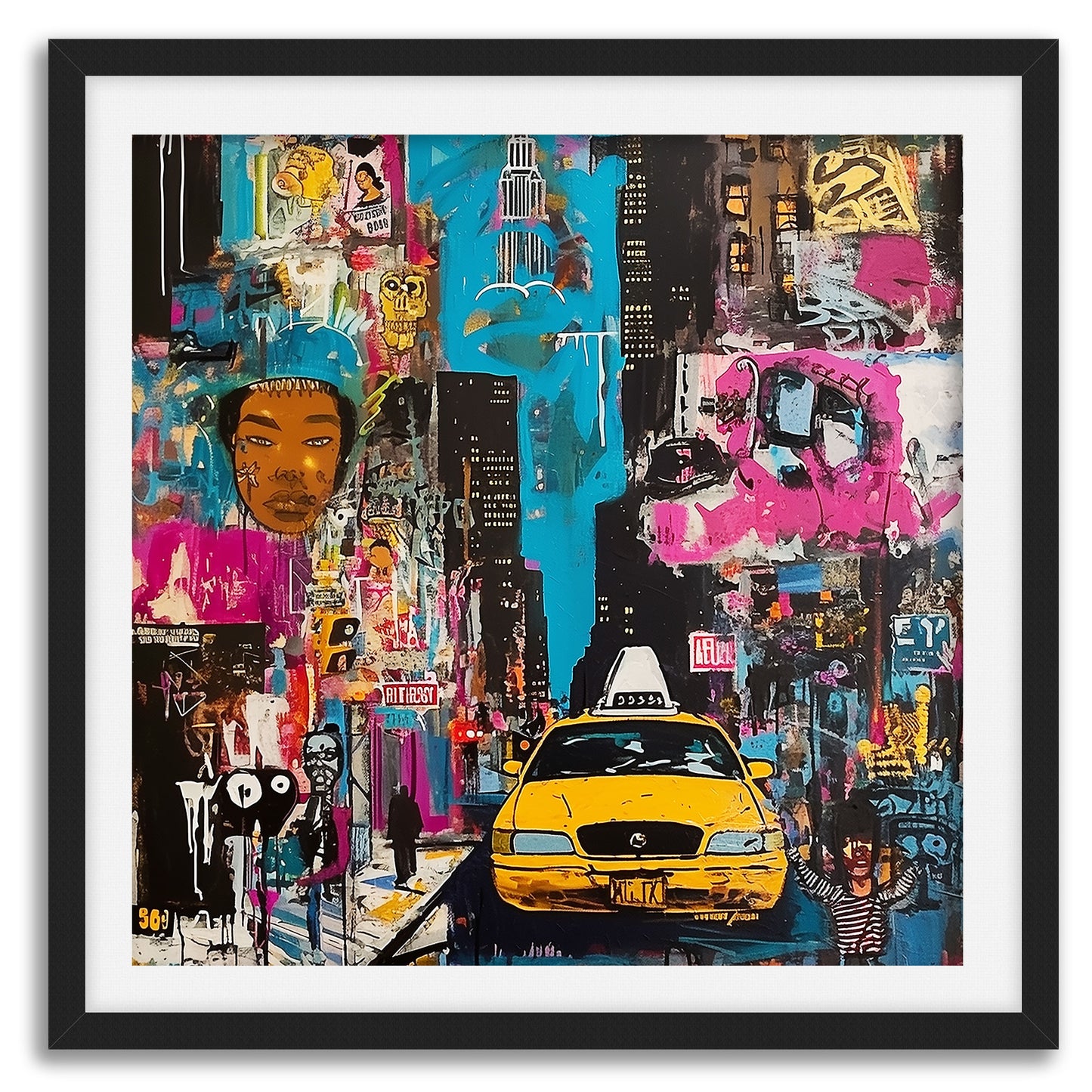 New York City Yellow Taxis Art Print Manhattan Cityscape Wall Art Print Graffiti NYC Decor Gritty Urban Art