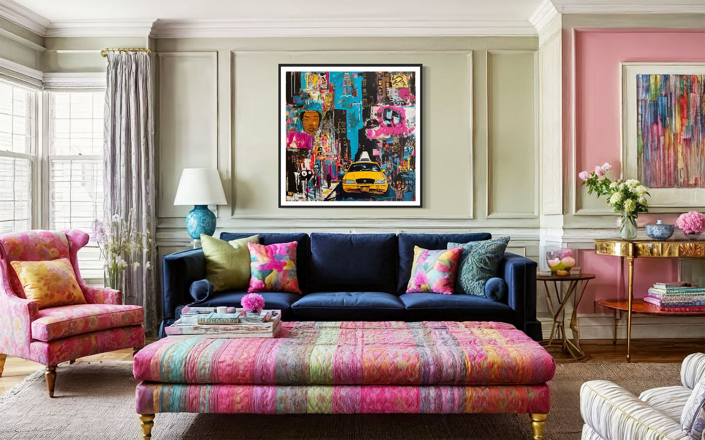 New York City Yellow Taxis Art Print Manhattan Cityscape Wall Art Print Graffiti NYC Decor Gritty Urban Art