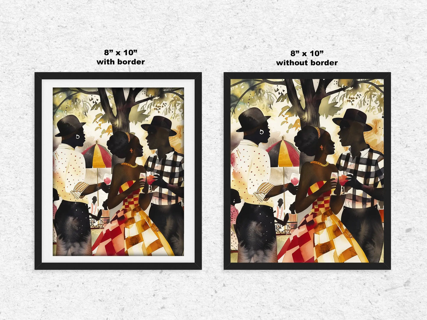 Black Couple Love Art Print featuring an African American couple sharing a tender moment at a picnic in the park. Afrocentric digital artwork with vibrant colors and abstract textures capturing love, connection, and cultural pride.