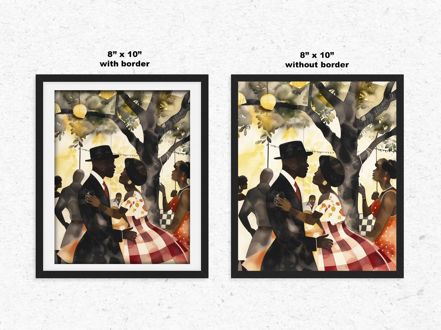 This artwork beautifully captures the joy of togetherness, depicting a picnic celebration with a Black couple filled with love, laughter, and connection.