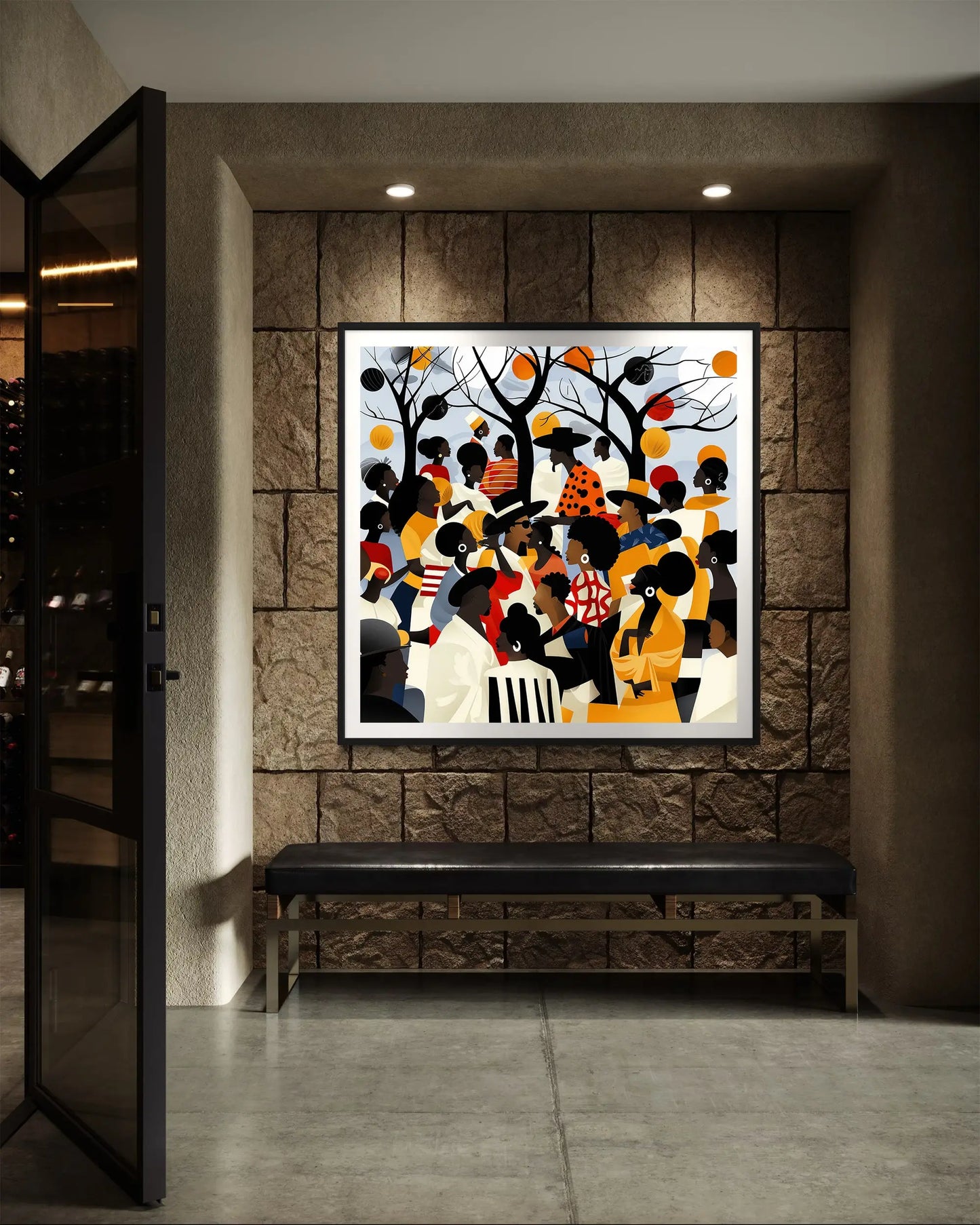 Juneteenth Art Print featuring an African American family reunion celebration in an Afrocentric outdoor setting. Vibrant digital artwork showcasing Black joy, unity, and heritage with bold colors representing freedom and cultural pride.