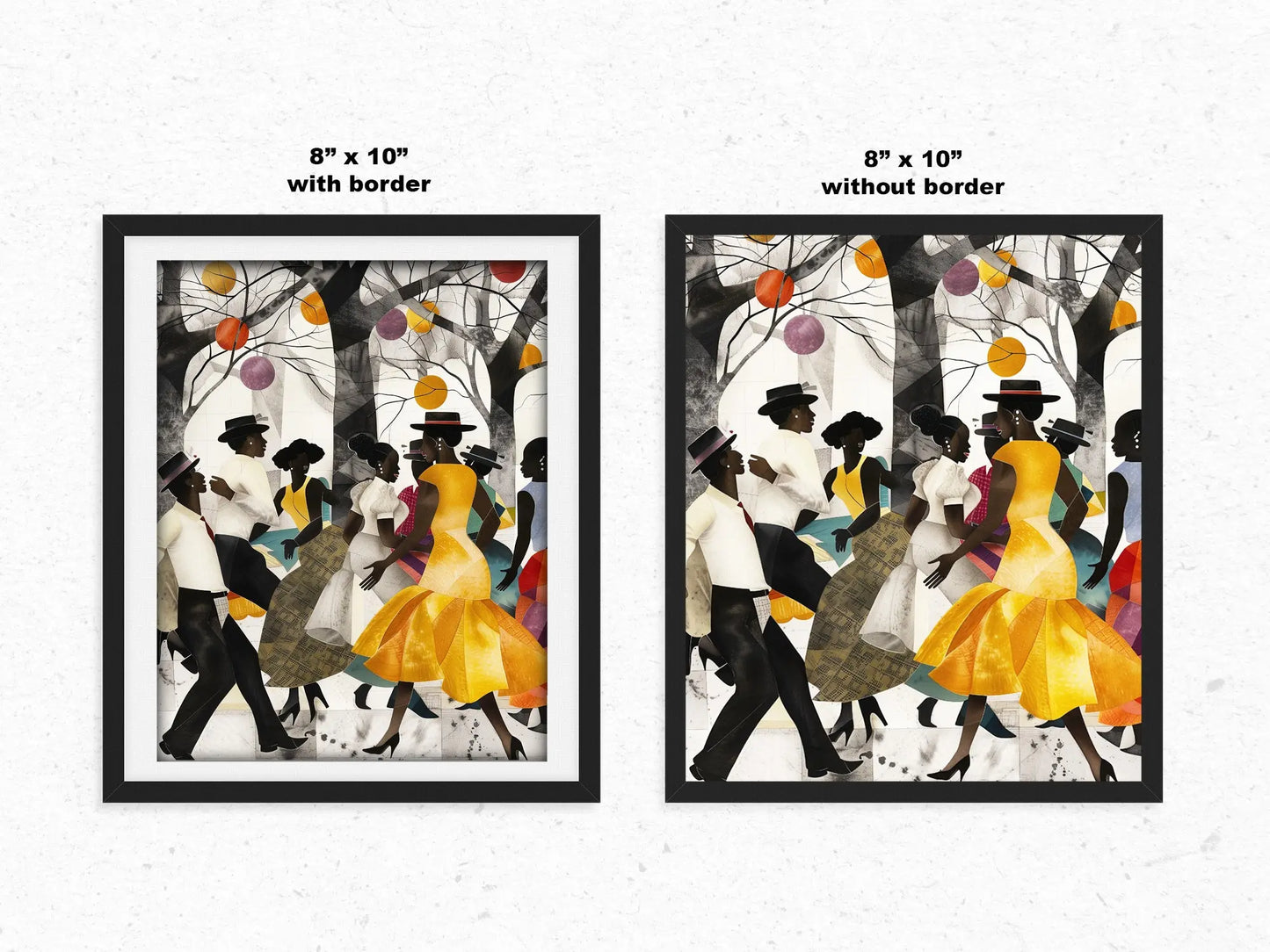 Juneteenth Party Celebration Art Print titled “Picnic in the Park,” featuring African American families and friends gathering outdoors with vibrant Afrocentric colors and patterns; joyful scene of music, food, and community celebrating freedom and heritage.
