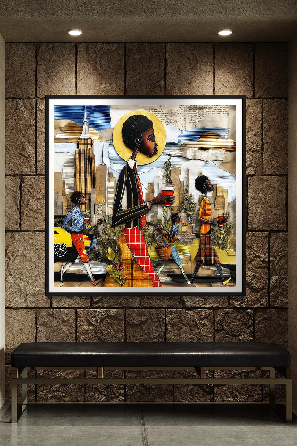 Abstract Afrocentric wall art print showing Black professionals walking in Manhattan morning rush hour with coffee cups and plants, dynamic elongated figures, city skyline, taxis, and street signs in warm tones.