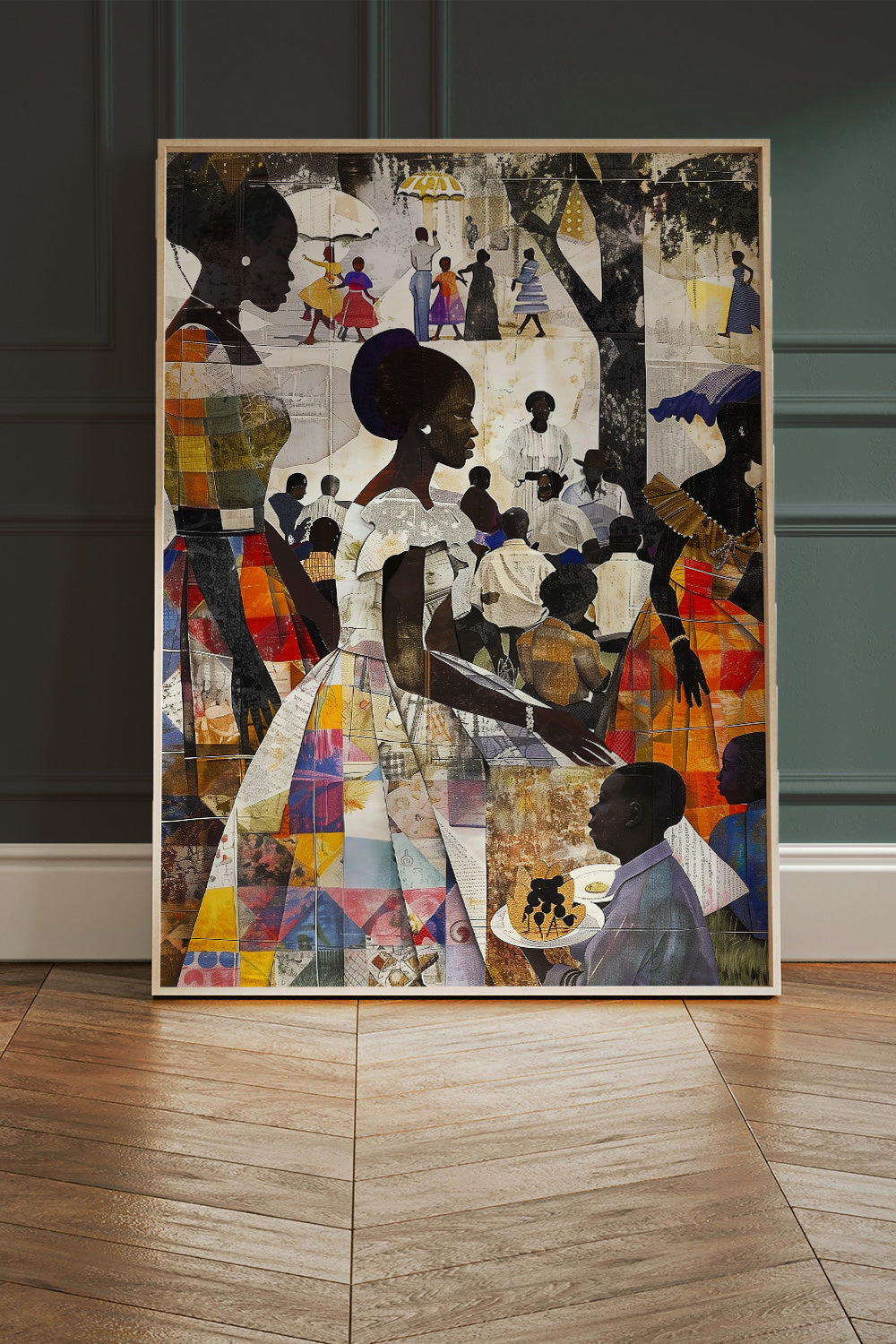 African American Women and Kids Family Outdoor Picnic Art Print, Afrocentric wall decor featuring a joyful family reunion scene in the park. Patchwork quilt style.